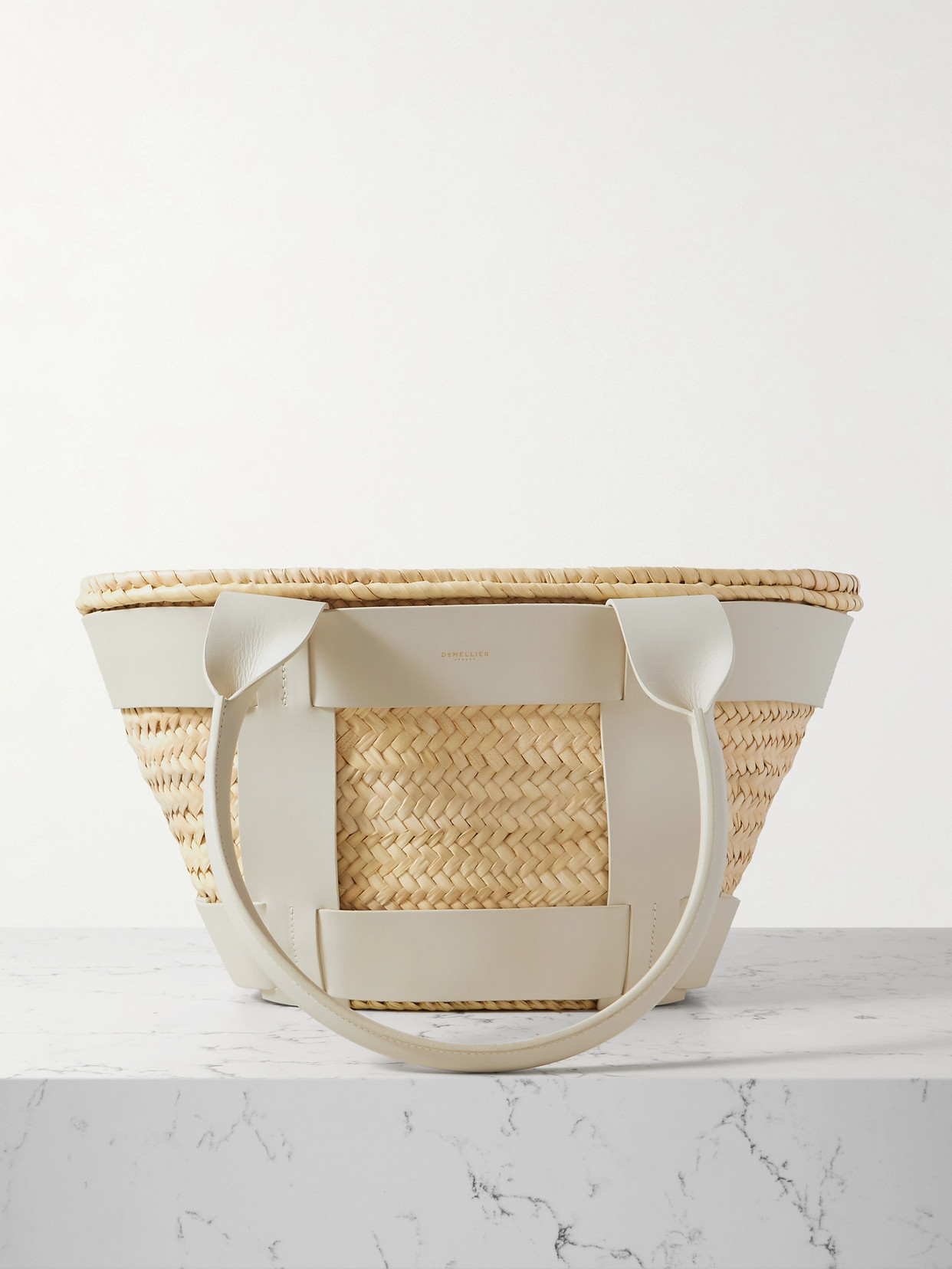 Demellier Midi Santorini Raffia & Leather Tote Bag In Natural,white