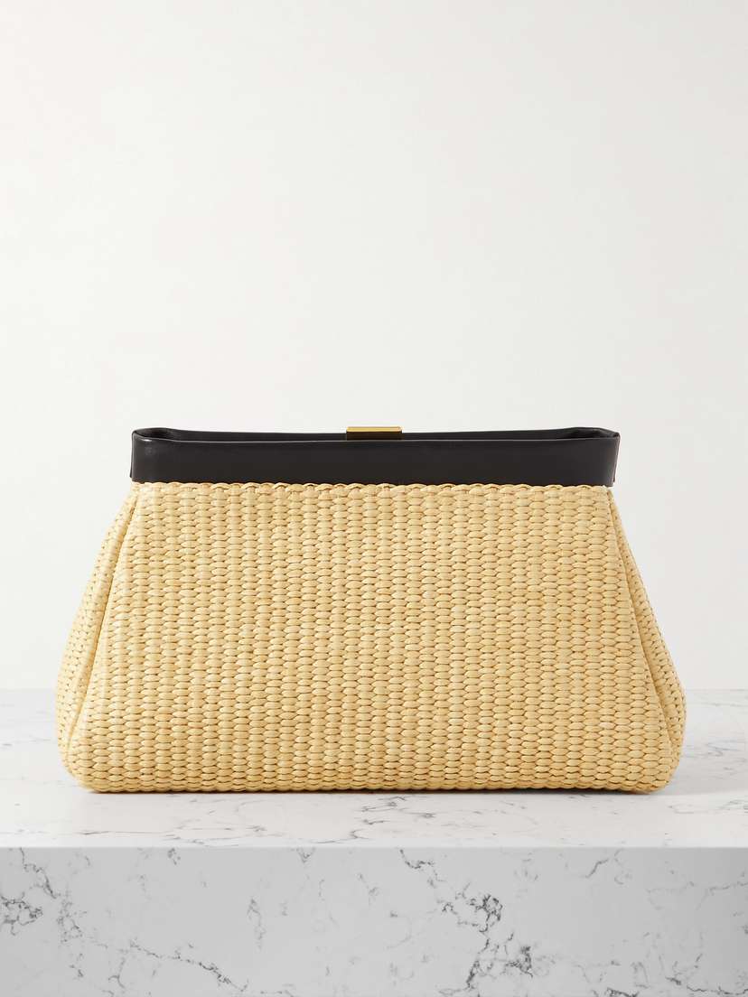 DeMellier Cannes Leather-trimmed Raffia Clutch