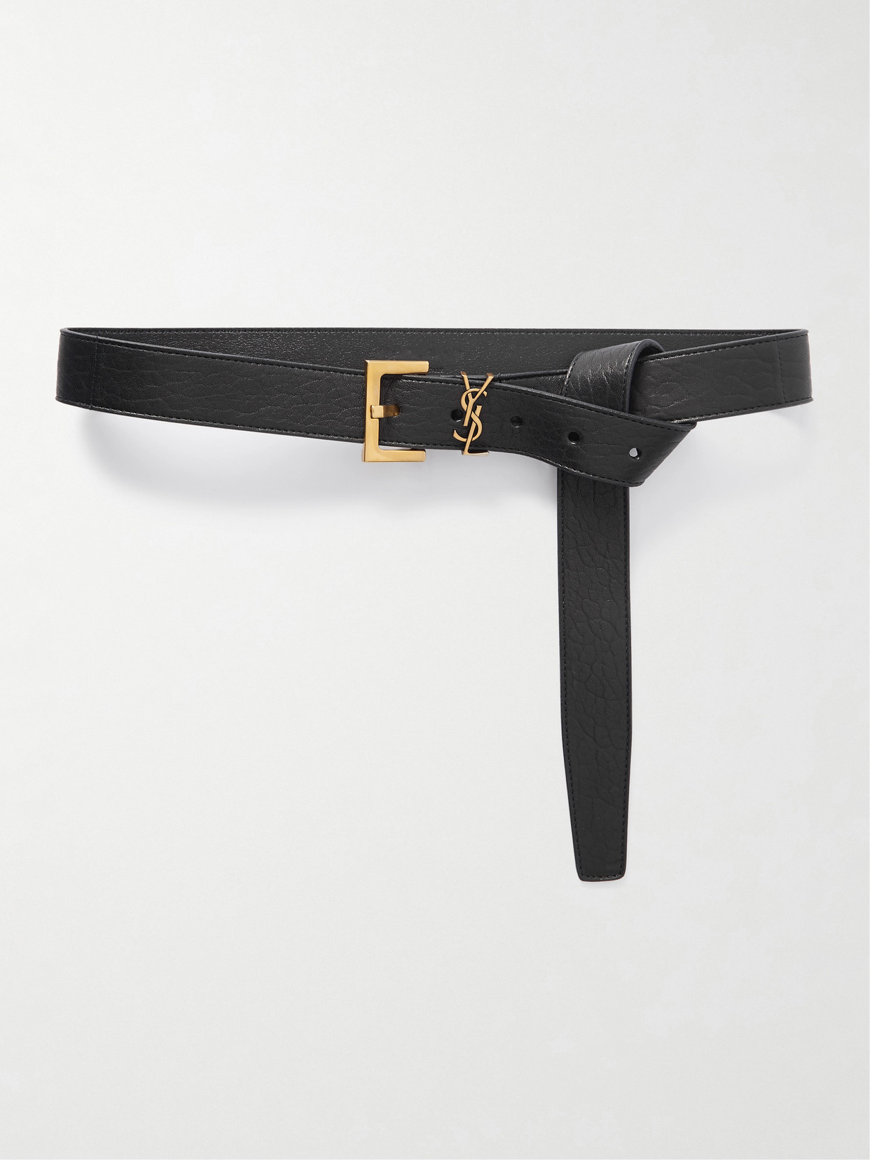 Saint Laurent Cassandre Embellished Knotted Textured-leather Waist Belt In Black