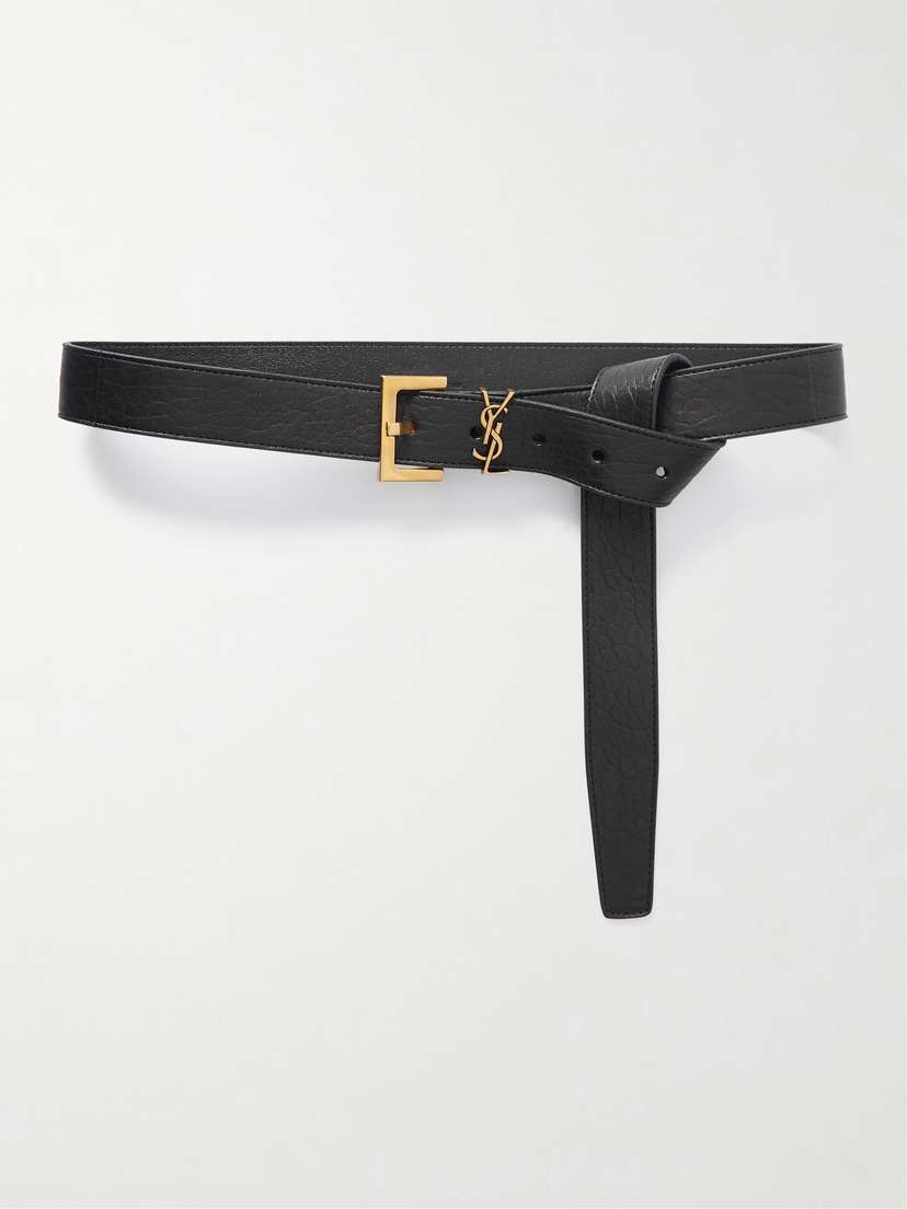 Saint Laurent Cassandre Embellished Knotted Textured-leather Waist Belt