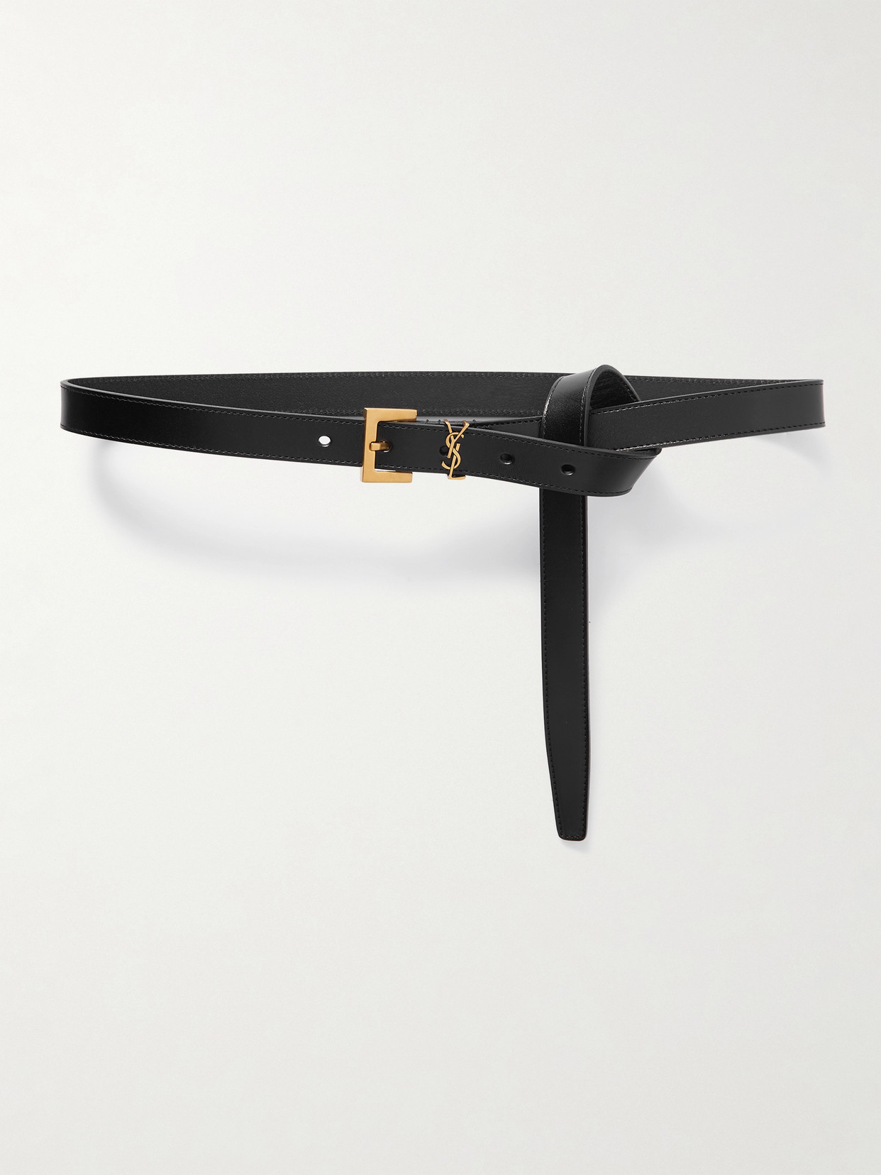 Saint Laurent Cassandre Embellished Knotted Leather Belt In Black