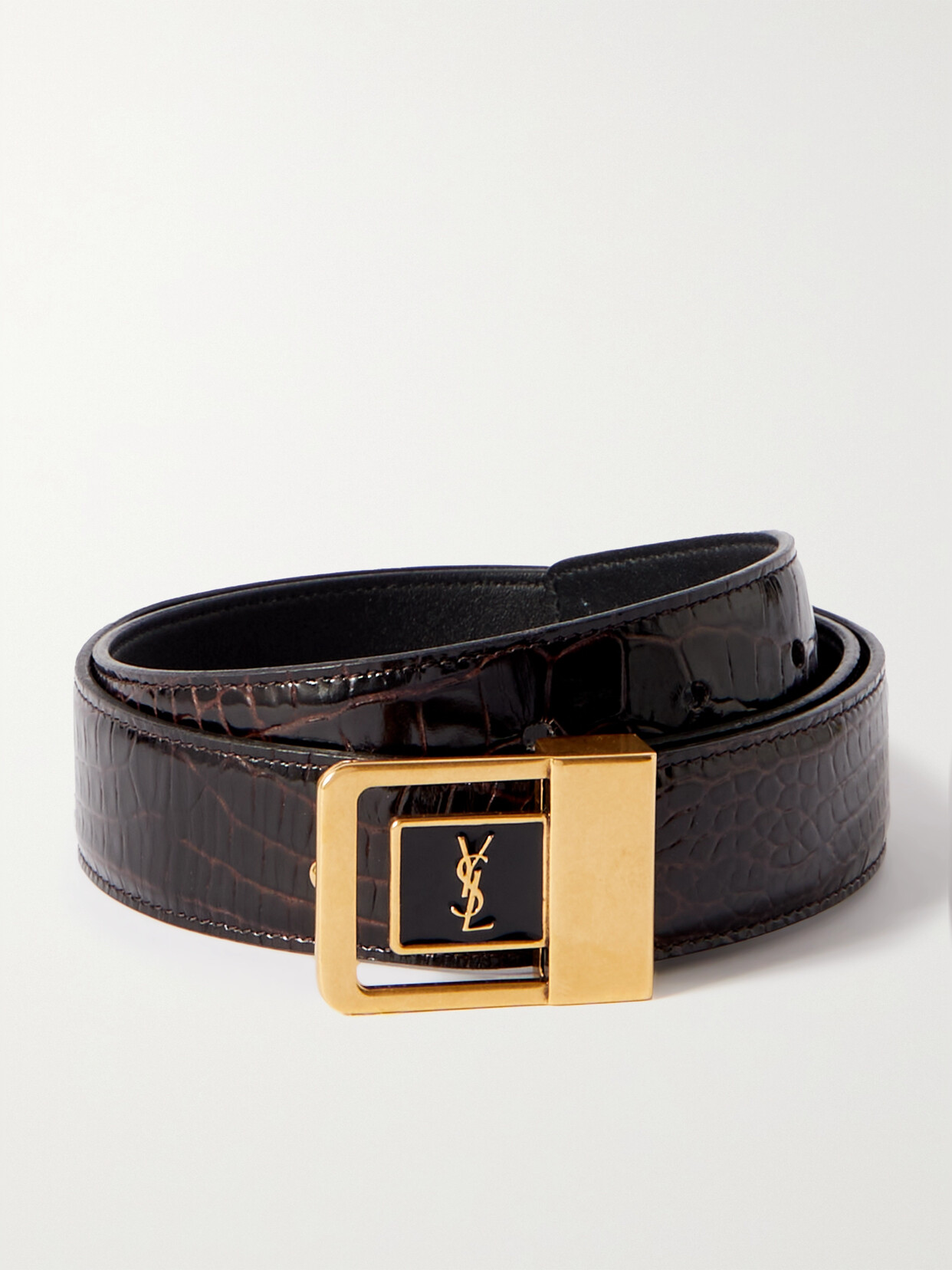 SAINT LAURENT - Croc-effect Leather Belt - Brown