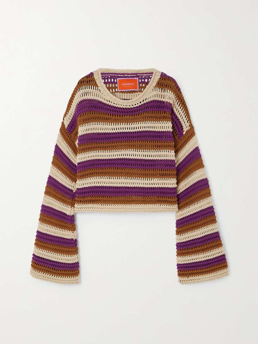 La DoubleJ Cropped Striped Crocheted Cotton-blend Sweater