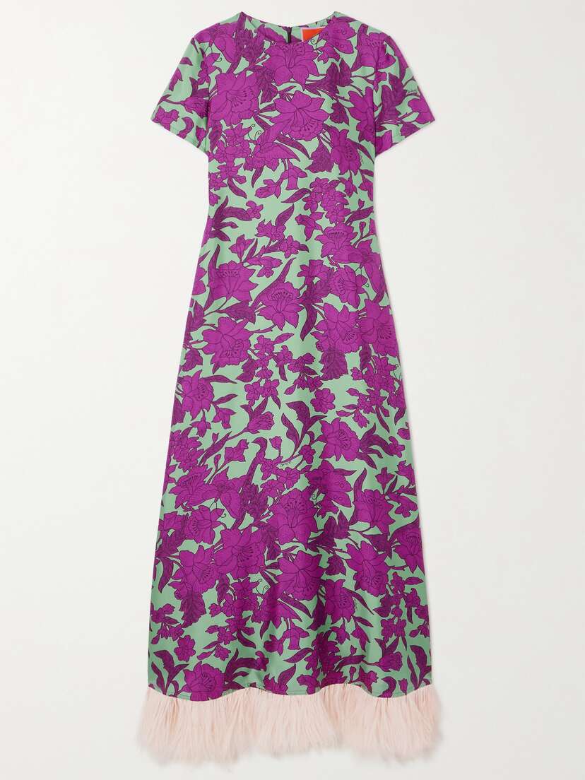 La DoubleJ Swing Feather-trimmed Floral-print Silk-twill Maxi Dress