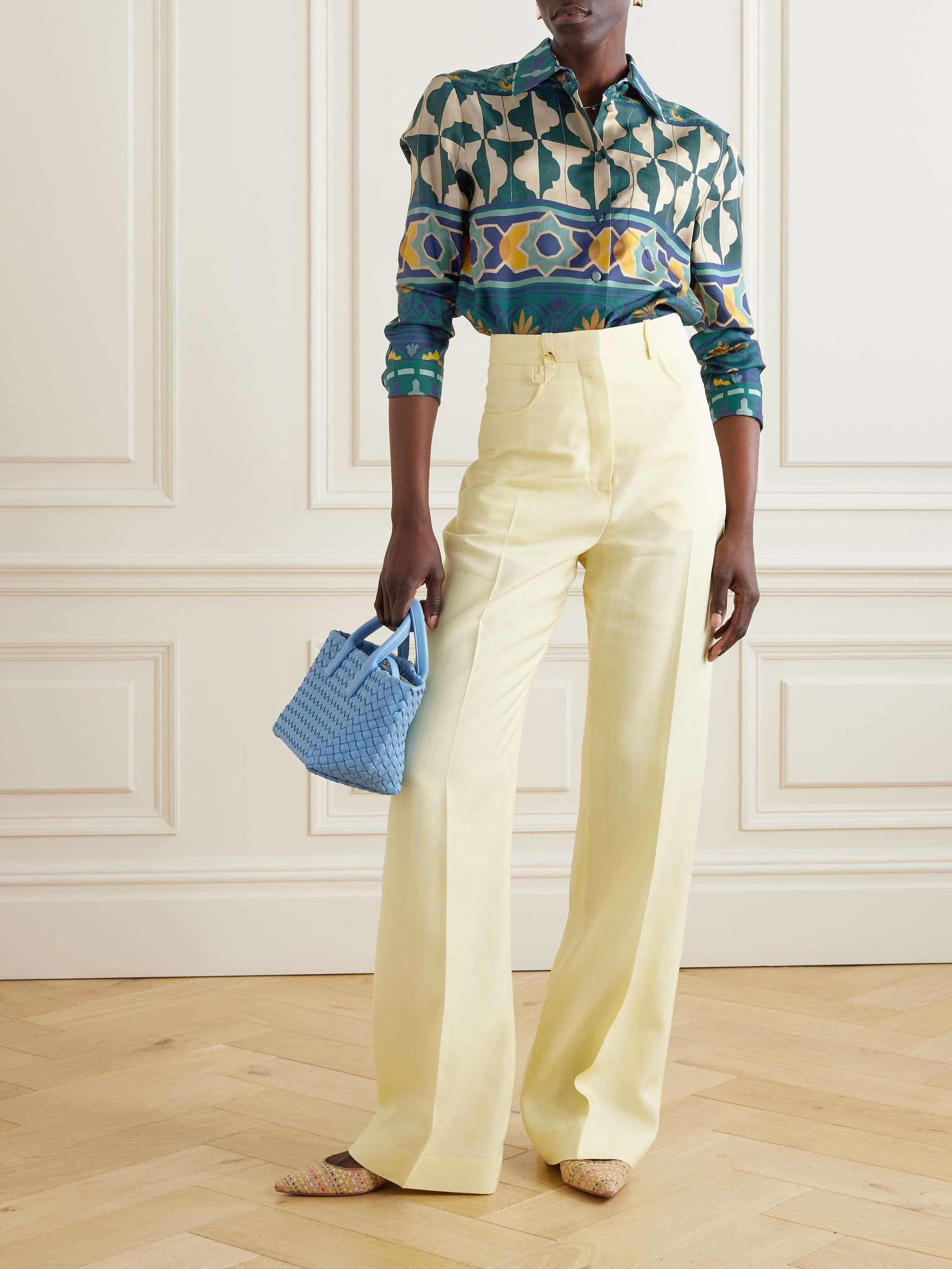 Printed silk twill straight pants