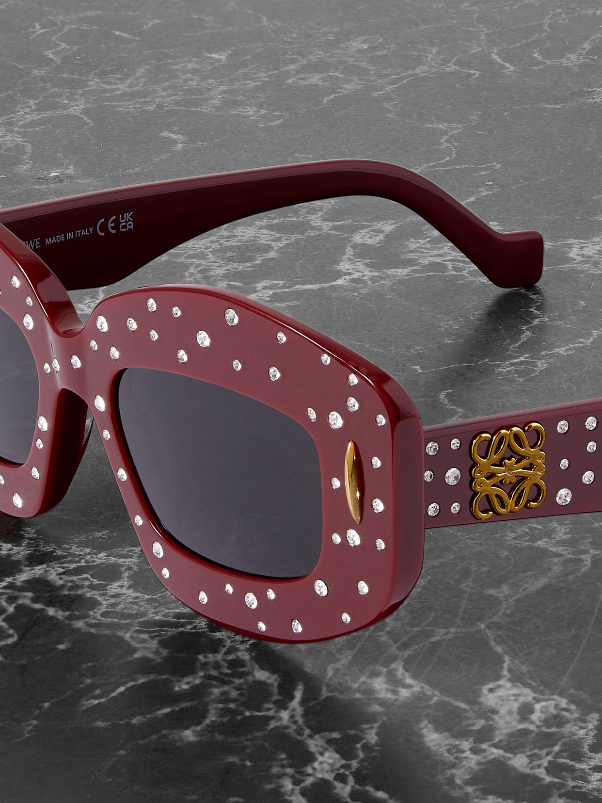 Shop Loewe Oversized Square-frame Crystal-embellished Acetate Sunglasses In Burgundy