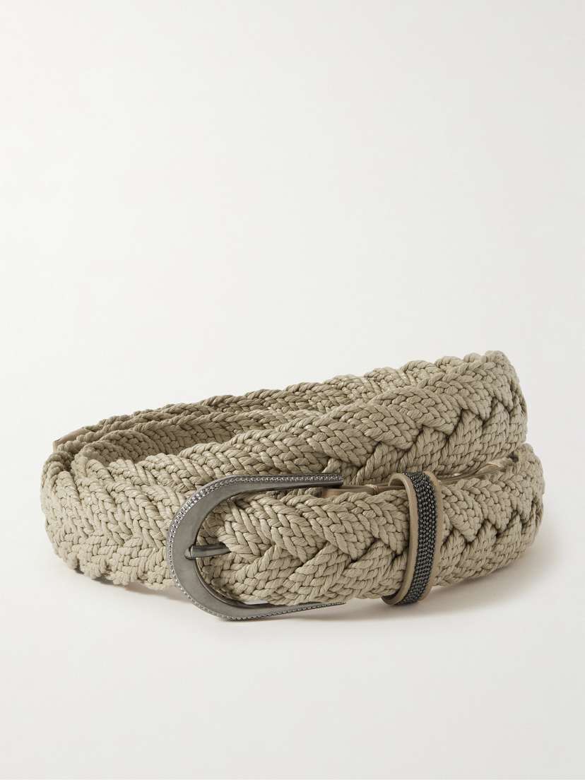 Brunello Cucinelli Cinta eather-trimmed Woven Raffia Belt