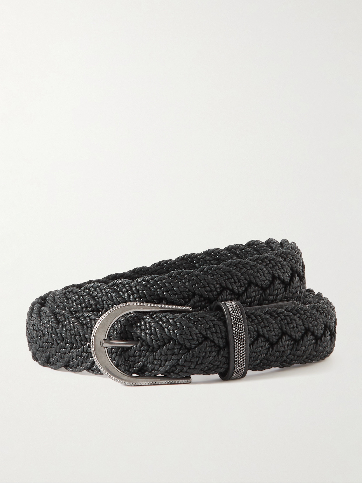 Brunello Cucinelli Cinta Leather-trimmed Woven Raffia Belt In Black