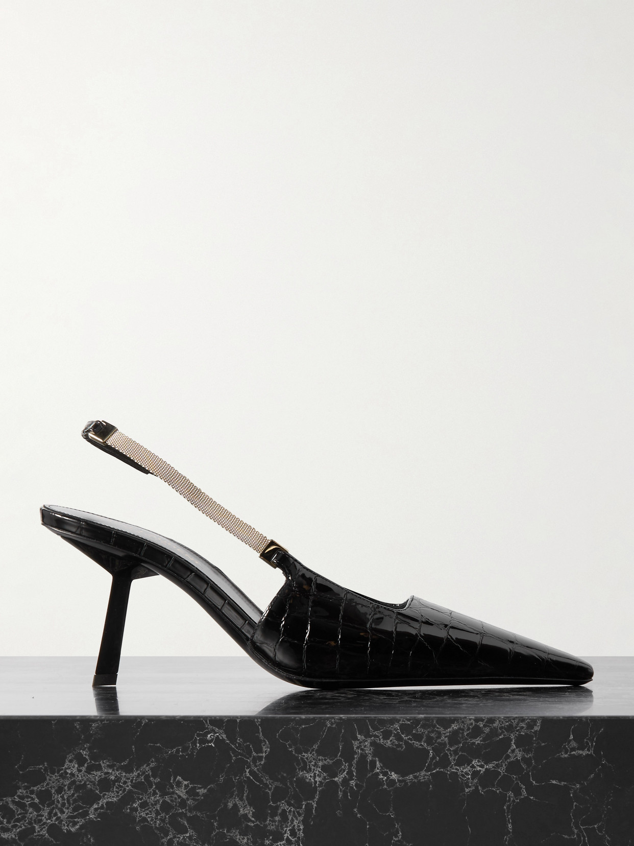 Shop Saint Laurent Blake Embellished Croc-effect Leather Slingback Pumps In Black