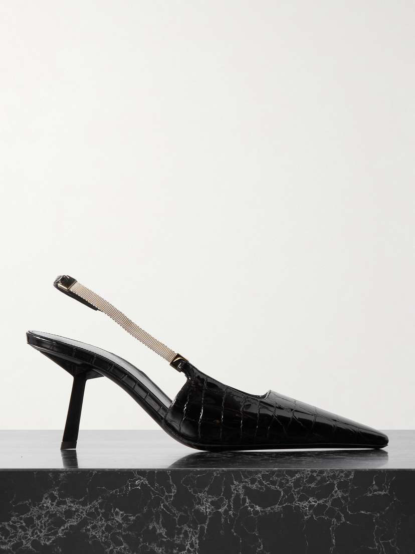Saint Laurent Blake Embellished Croc-effect Leather Slingback Pumps