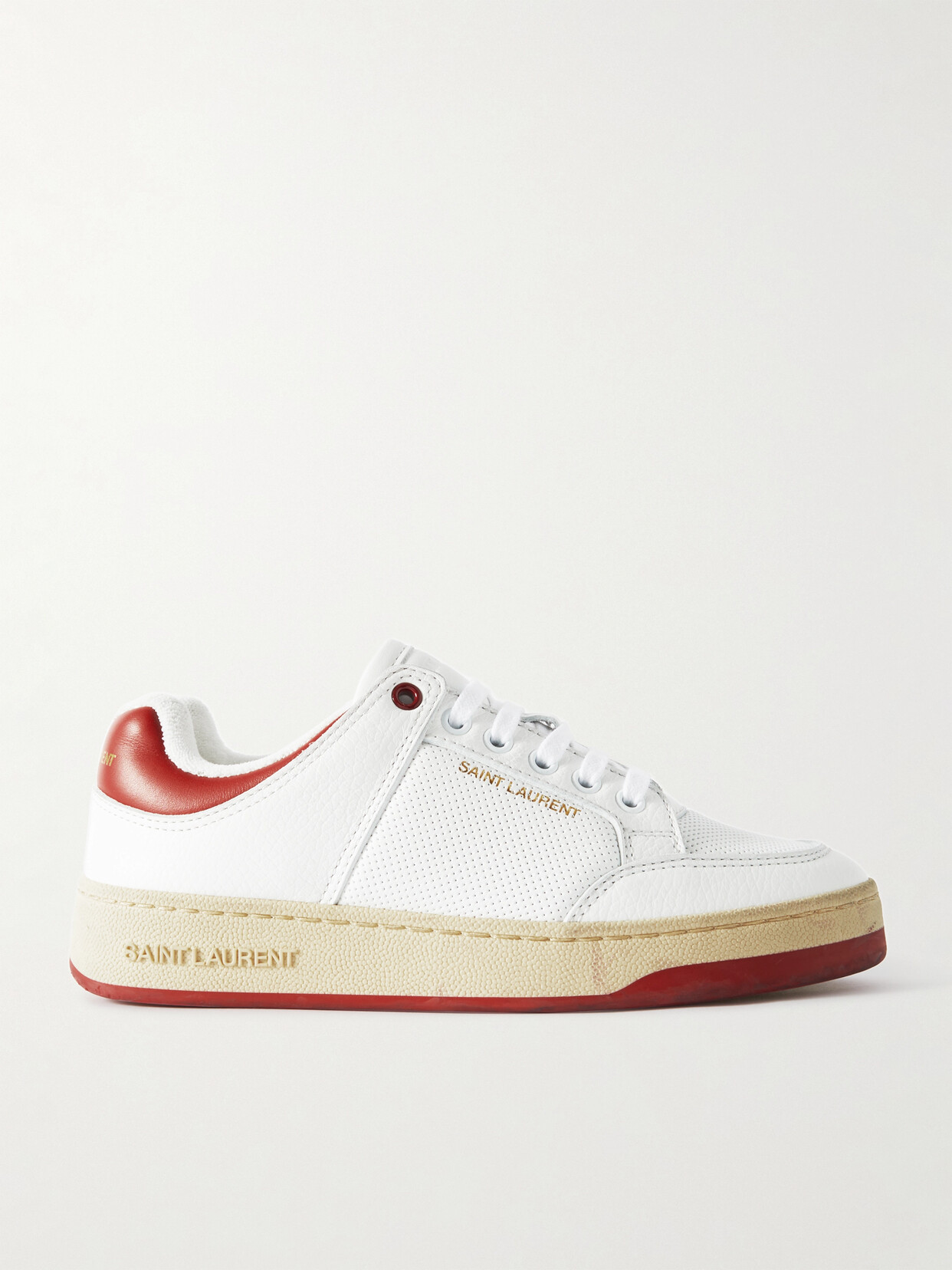 Saint Laurent Sl61 Logo-print Perforated Leather Sneakers In Blanc & Vintage Red