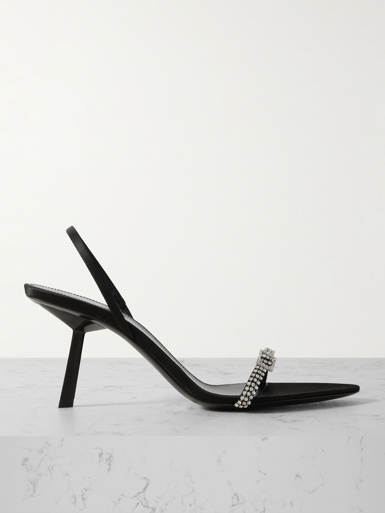 Shop Saint Laurent Rendez-vous Crystal-embellished Satin Slingback Sandals In Black