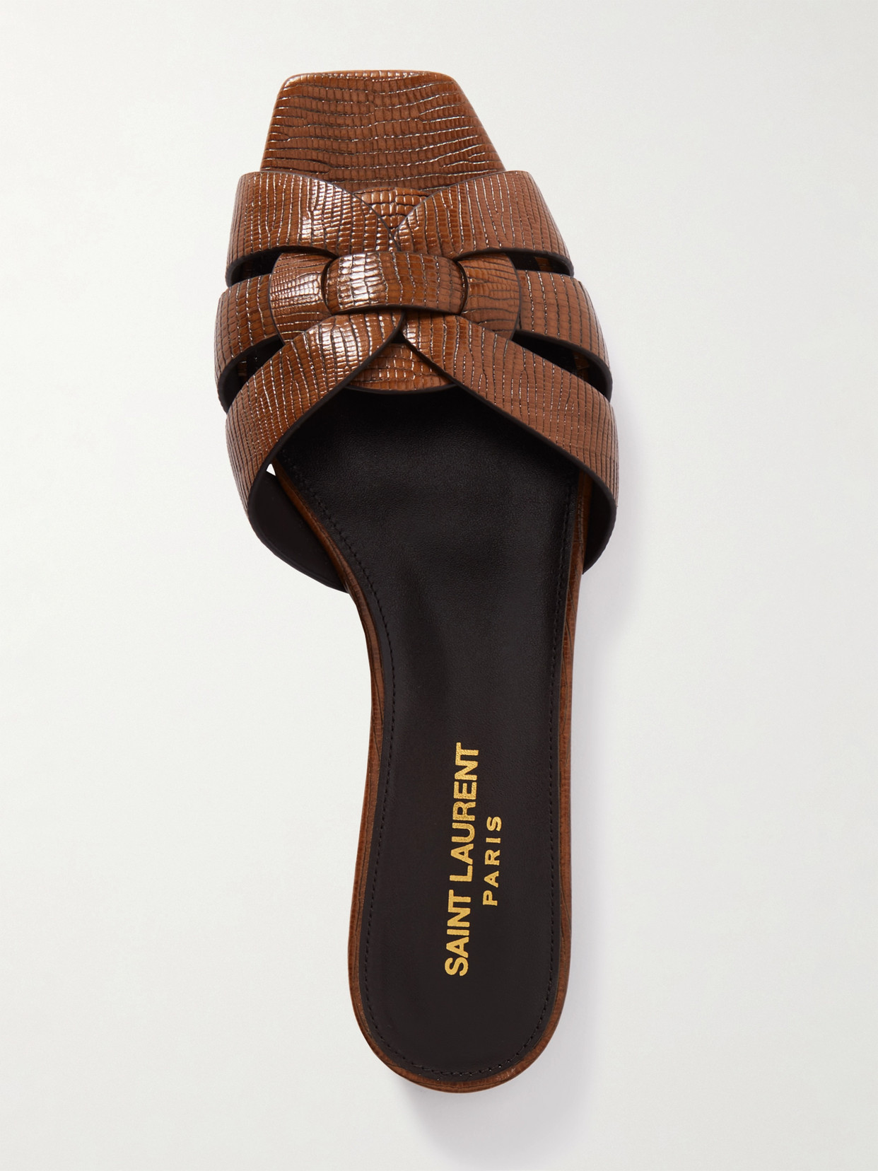 Shop Saint Laurent Tribute Lizard-effect Leather Slides In Brown