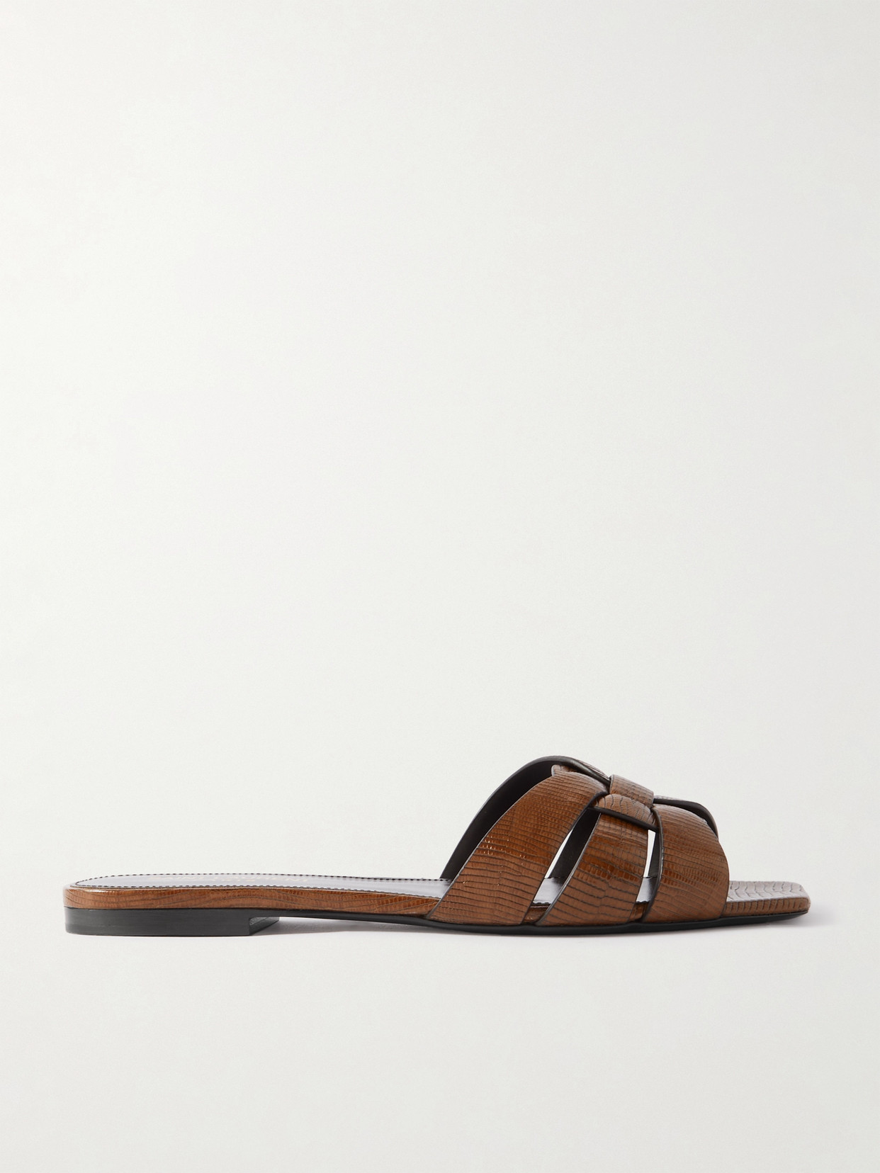 Shop Saint Laurent Tribute Lizard-effect Leather Slides In Brown