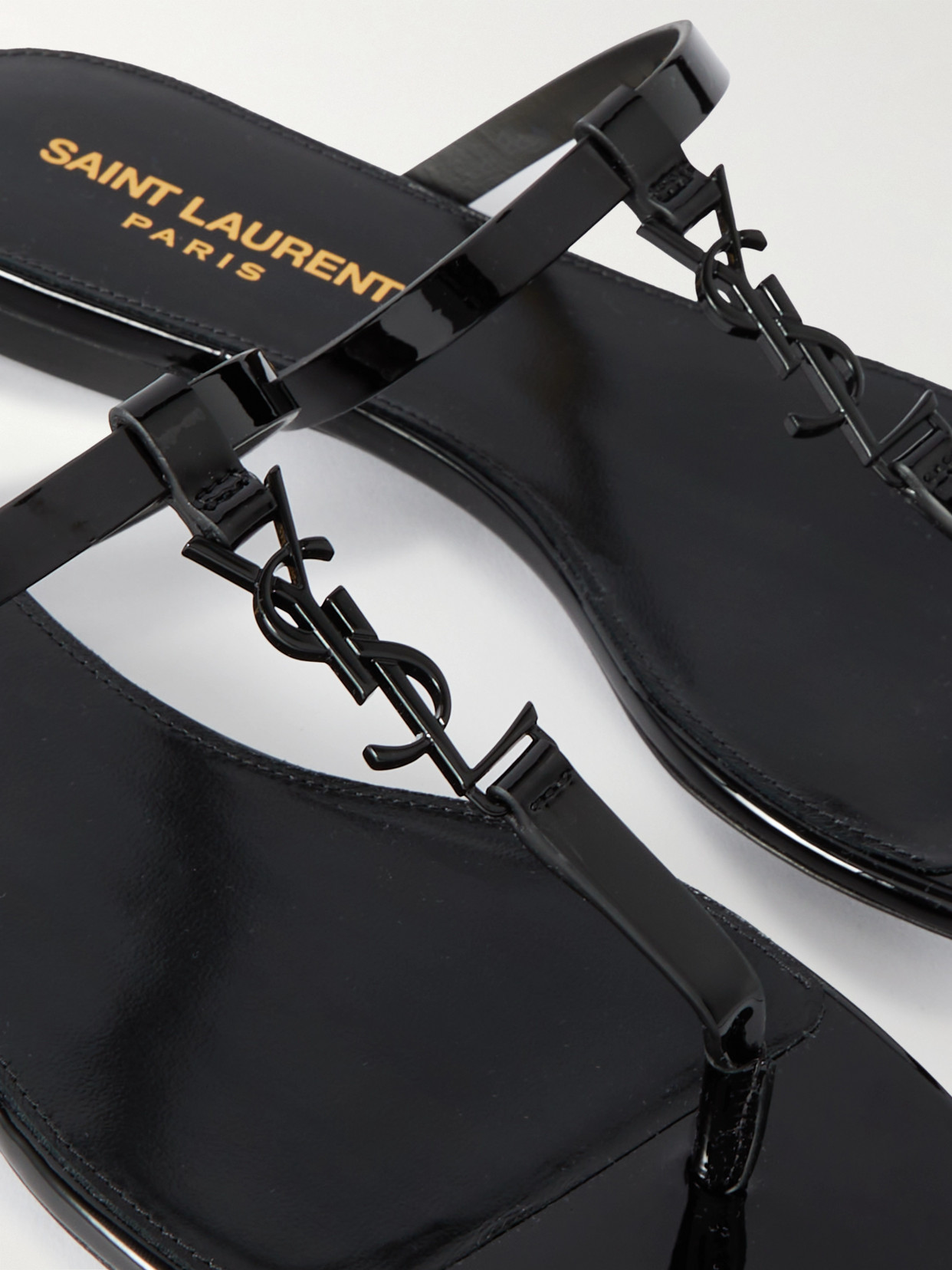 Shop Saint Laurent Cassandra Logo-embellished Patent-leather Sandals In Black