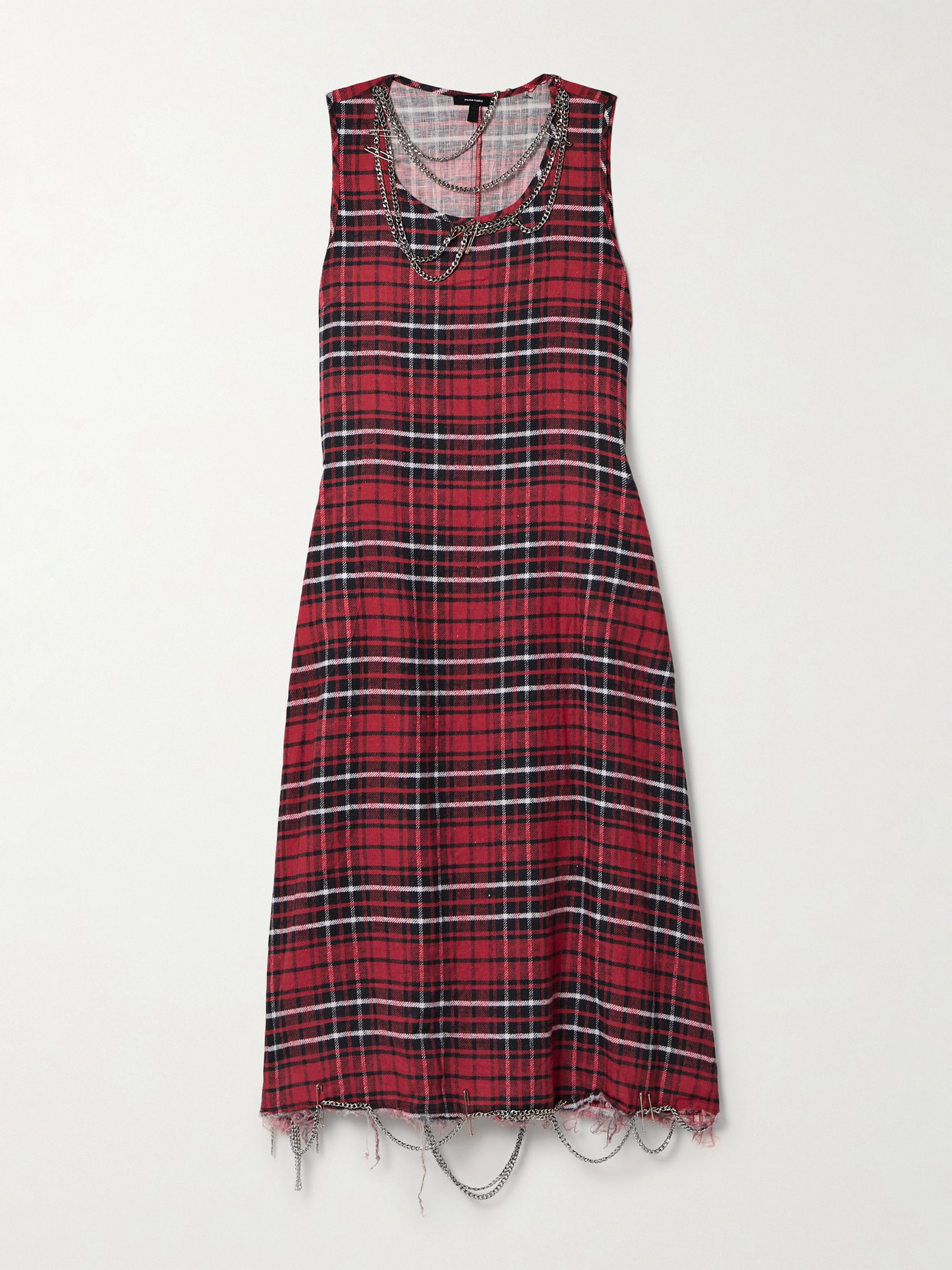 R13 Embellished Distressed Checked Brushed-linen Midi Dress In Red