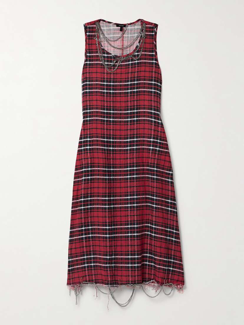 R13 Embellished Distressed Checked Brushed-linen Midi Dress