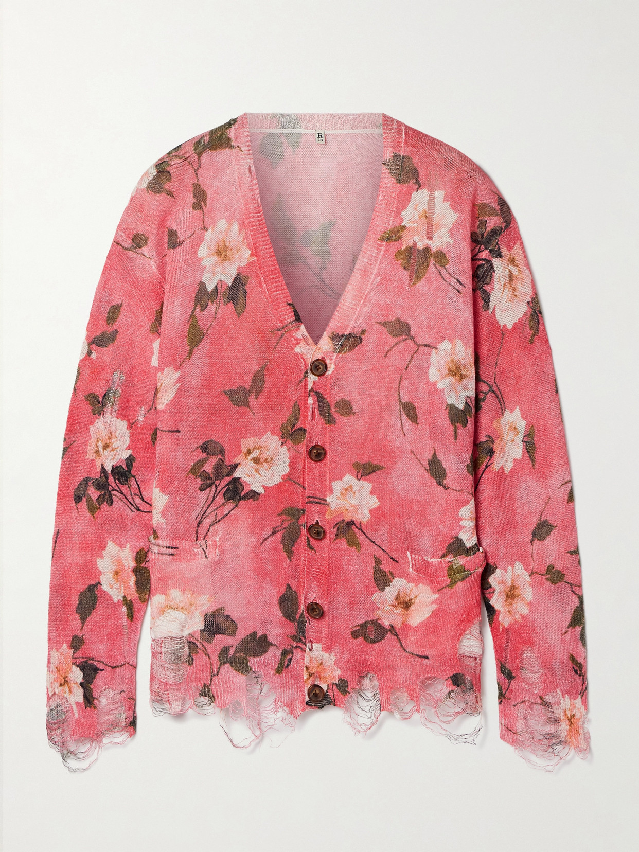 Shop R13 Oversized Distressed Floral-print Linen Cardigan In Pink