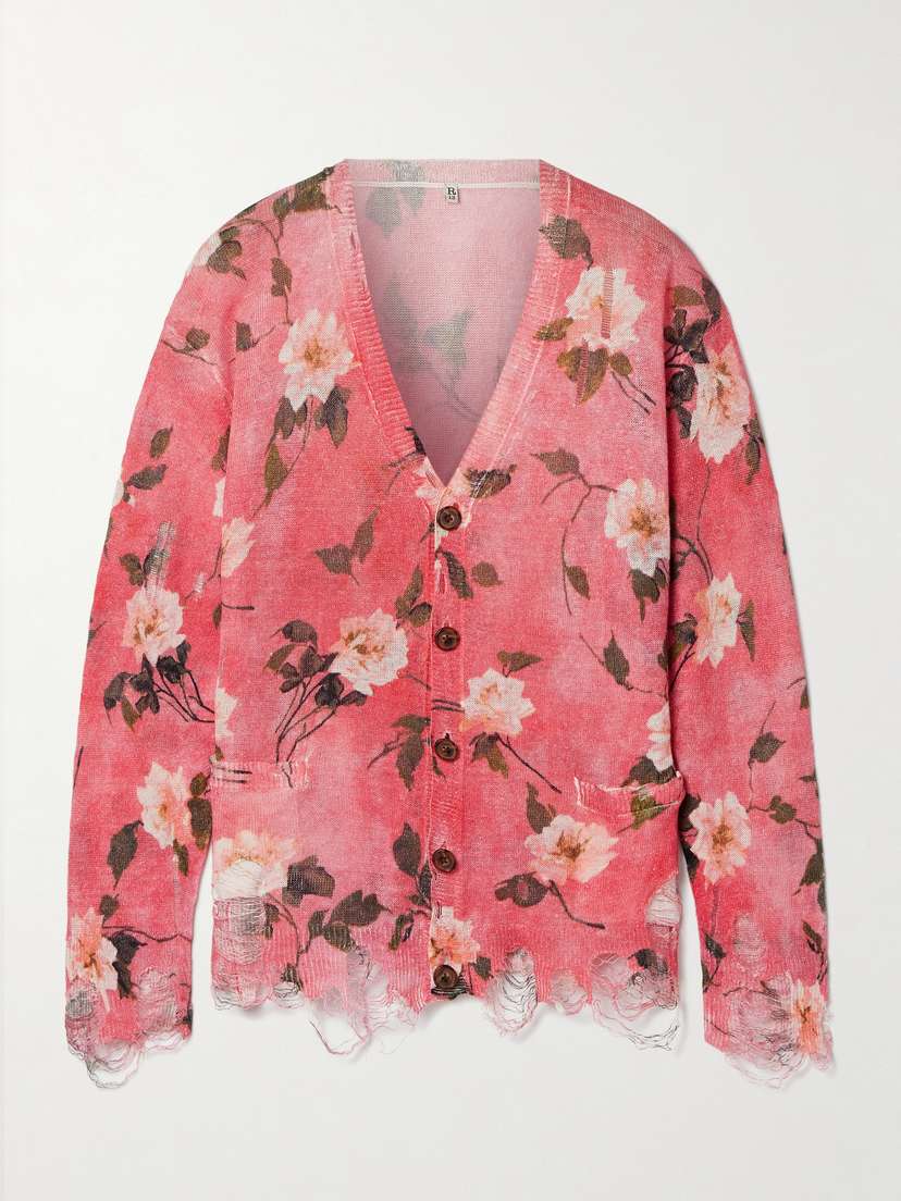 R13 Oversized Distressed Floral-print Linen Cardigan