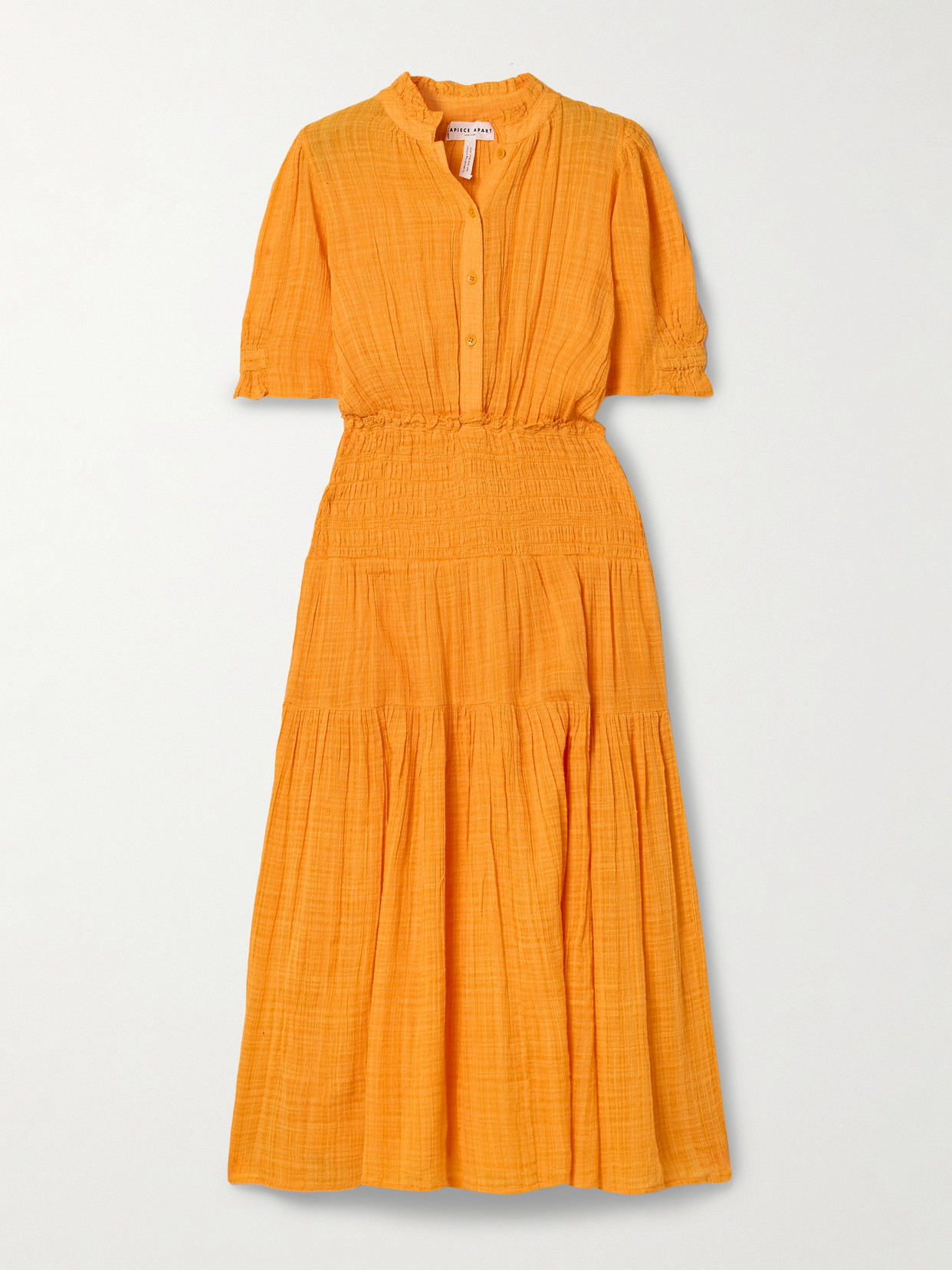 Apiece Apart Las Alturas Shirred Organic Cotton-blend Gauze Midi Dress In Orange