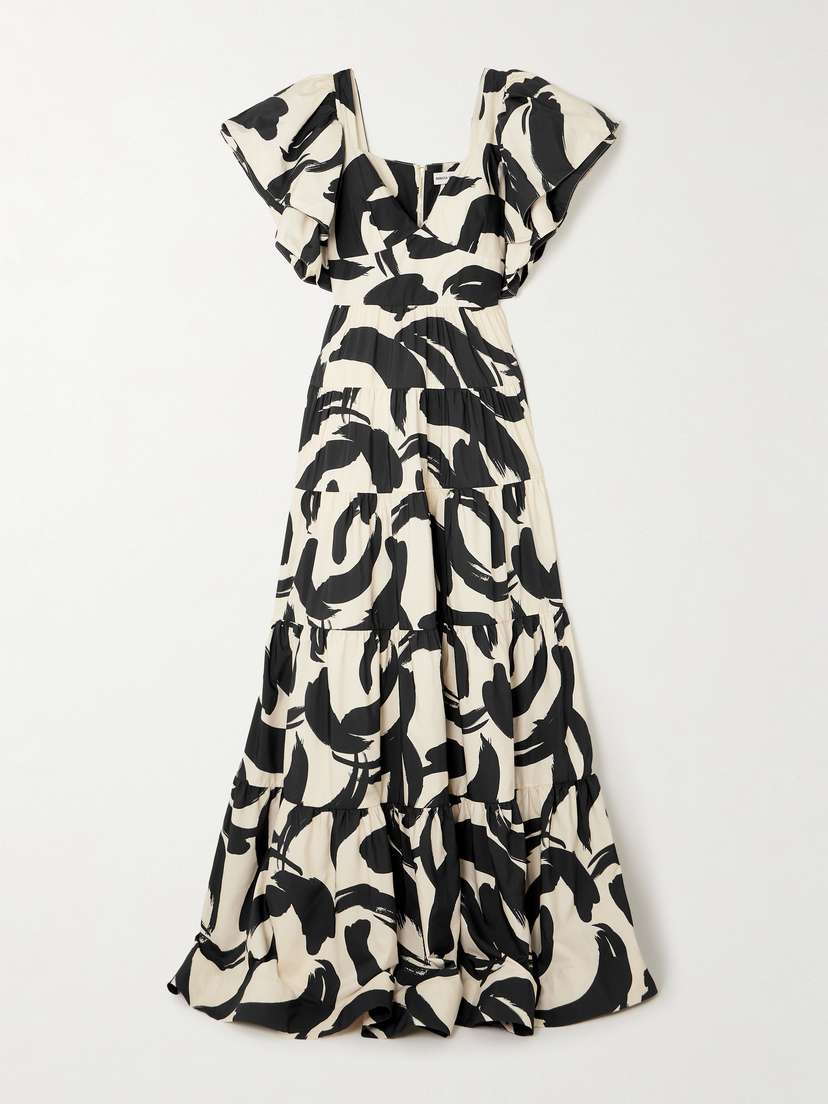 Rebecca Vallance Pompidou Tiered Printed Taffeta Maxi Dress - UK 14