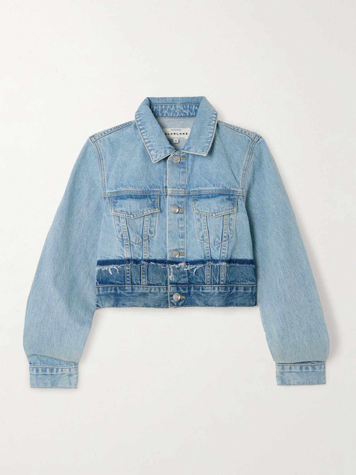 SLVRLAKE TRUCKER CROPPED DISTRESSED TWO-TONE DENIM JACKET