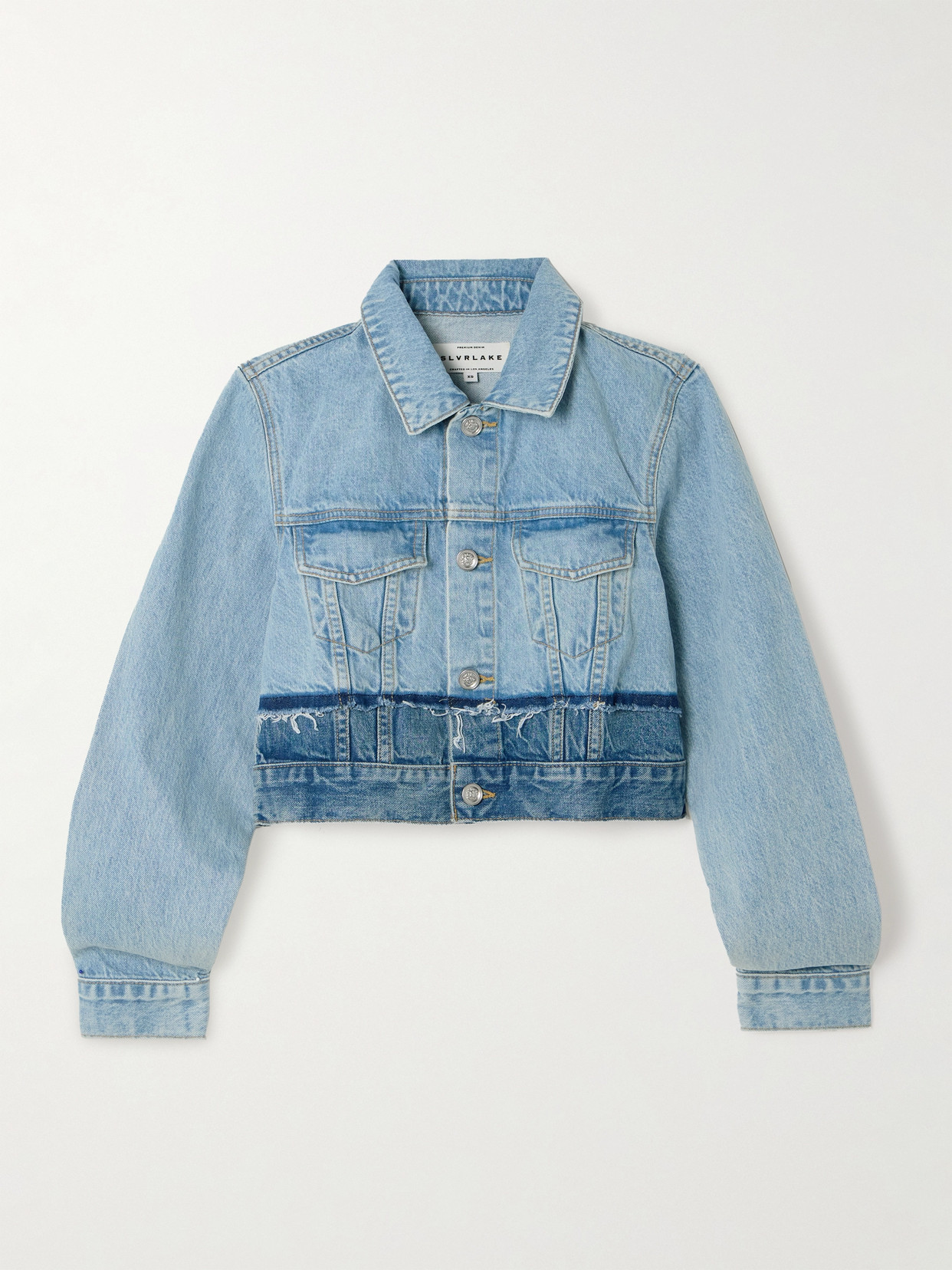 Slvrlake Trucker Cropped Distressed Two-tone Denim Jacket In Blue