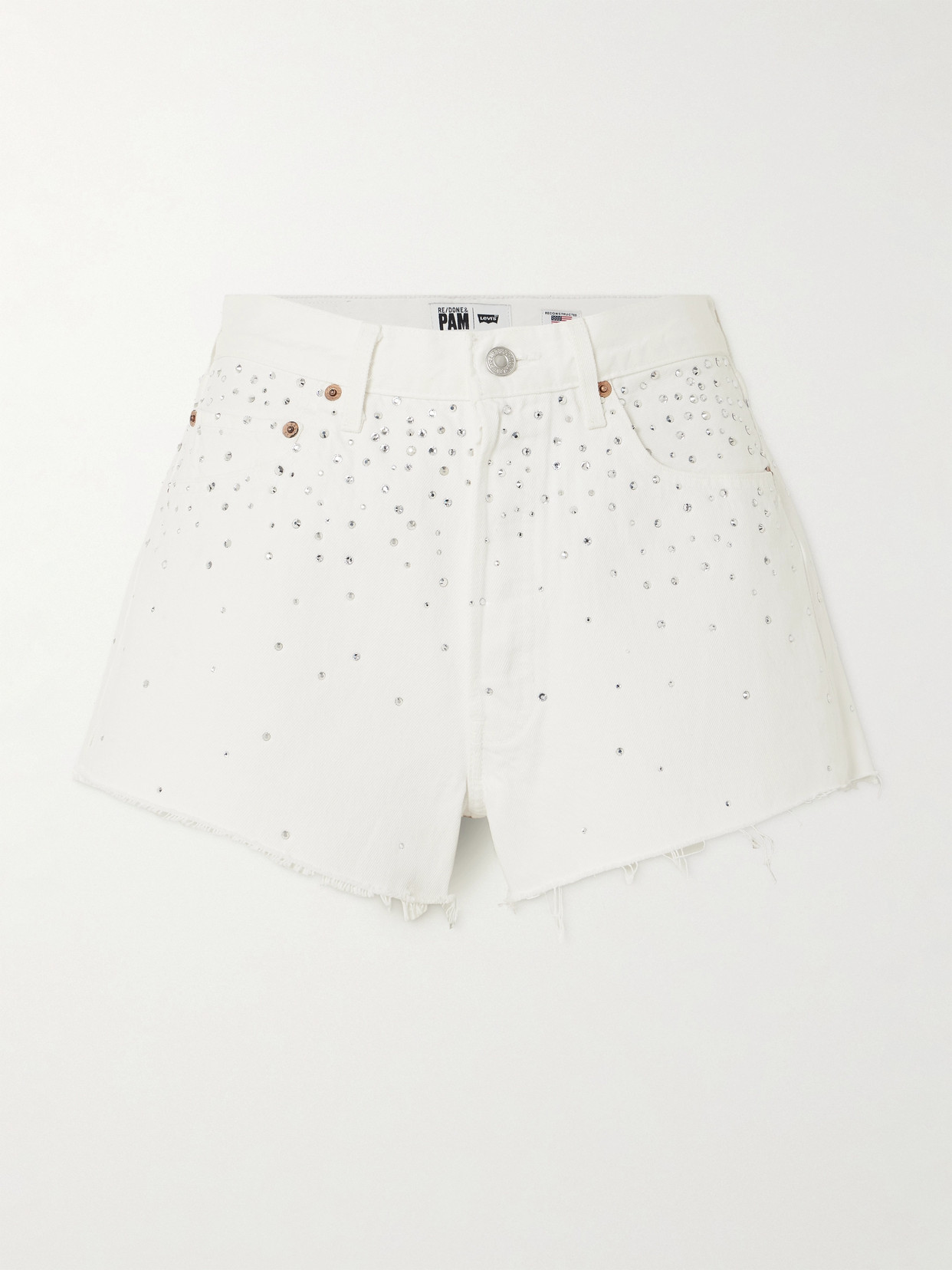 Re/done + Net Sustain + Pamela Anderson Crystal-embellished Denim Shorts In White