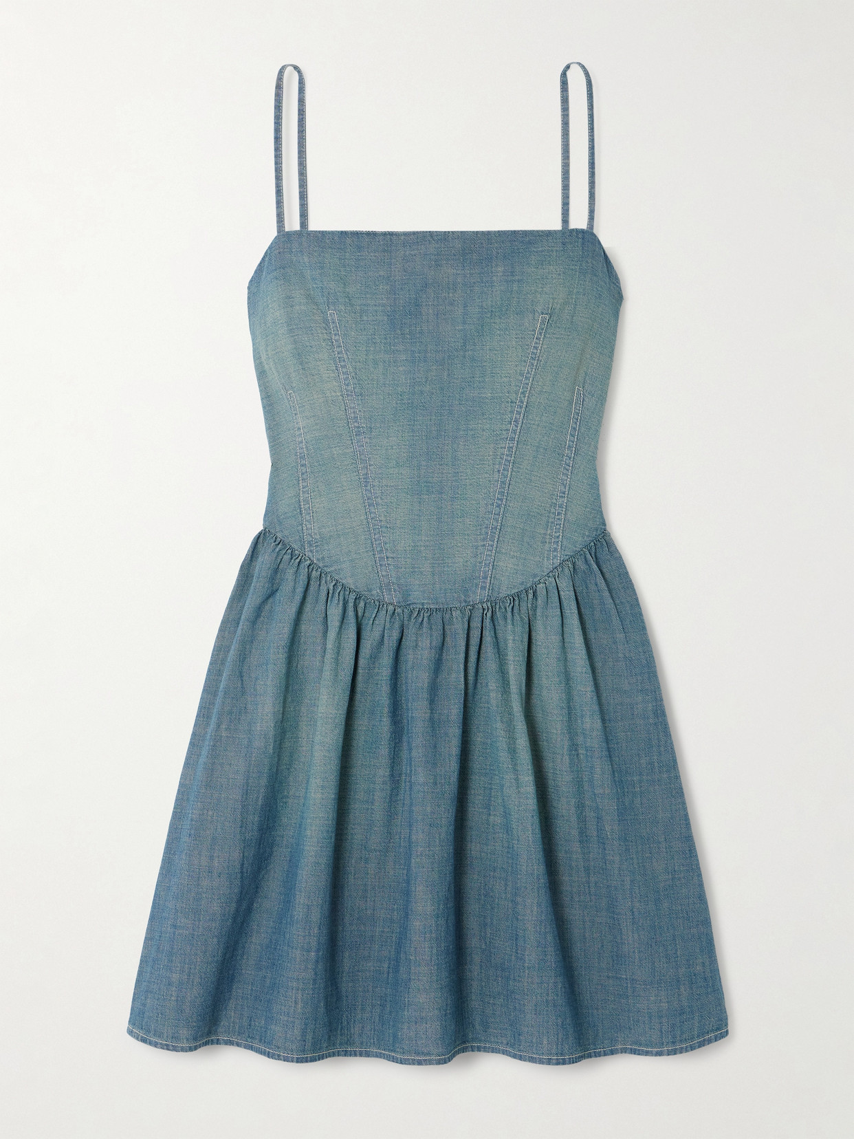 Re/done + Net Sustain + Pamela Anderson Organic Cotton-chambray Mini Dress In Blue