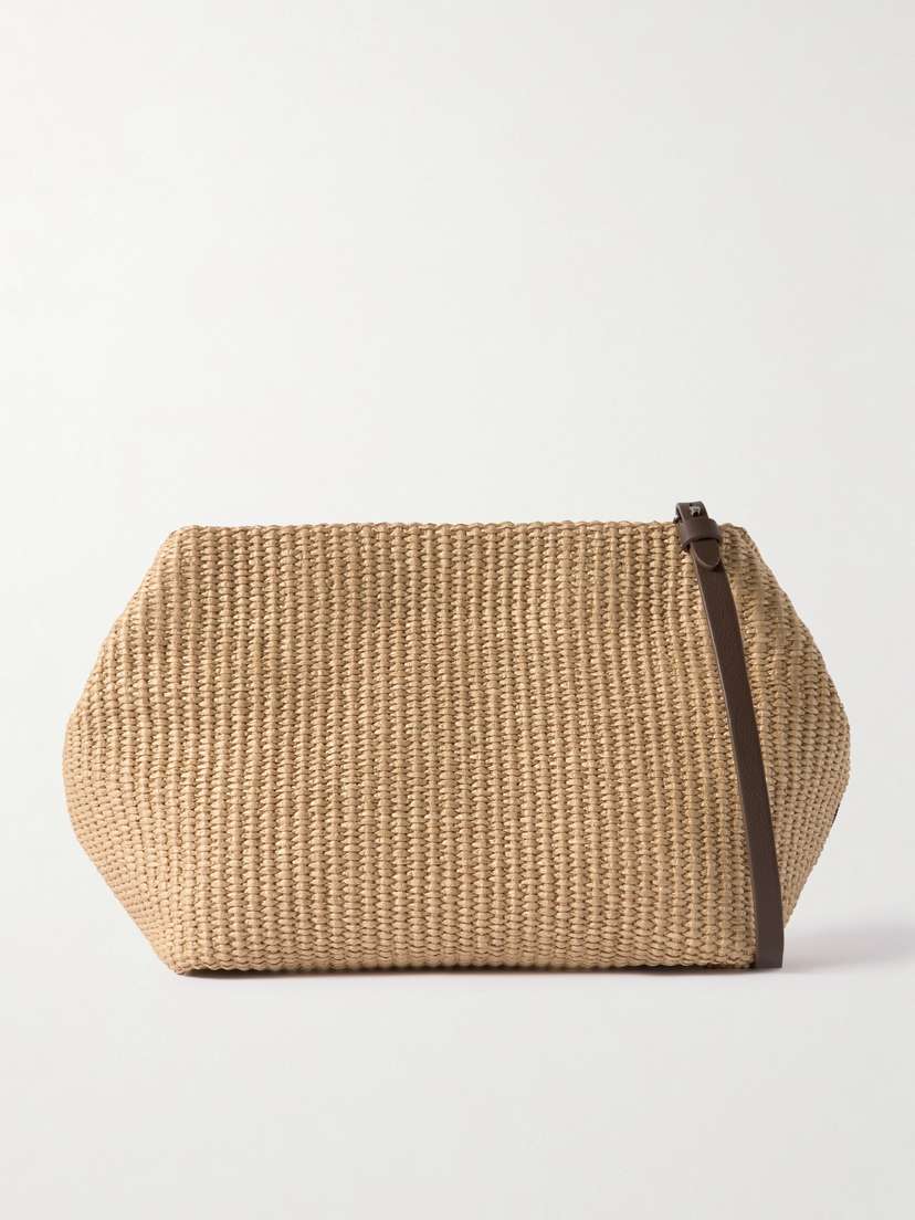 Brunello Cucinelli Bead-embellished Leather-trimmed Raffia Shoulder Bag -  - One size