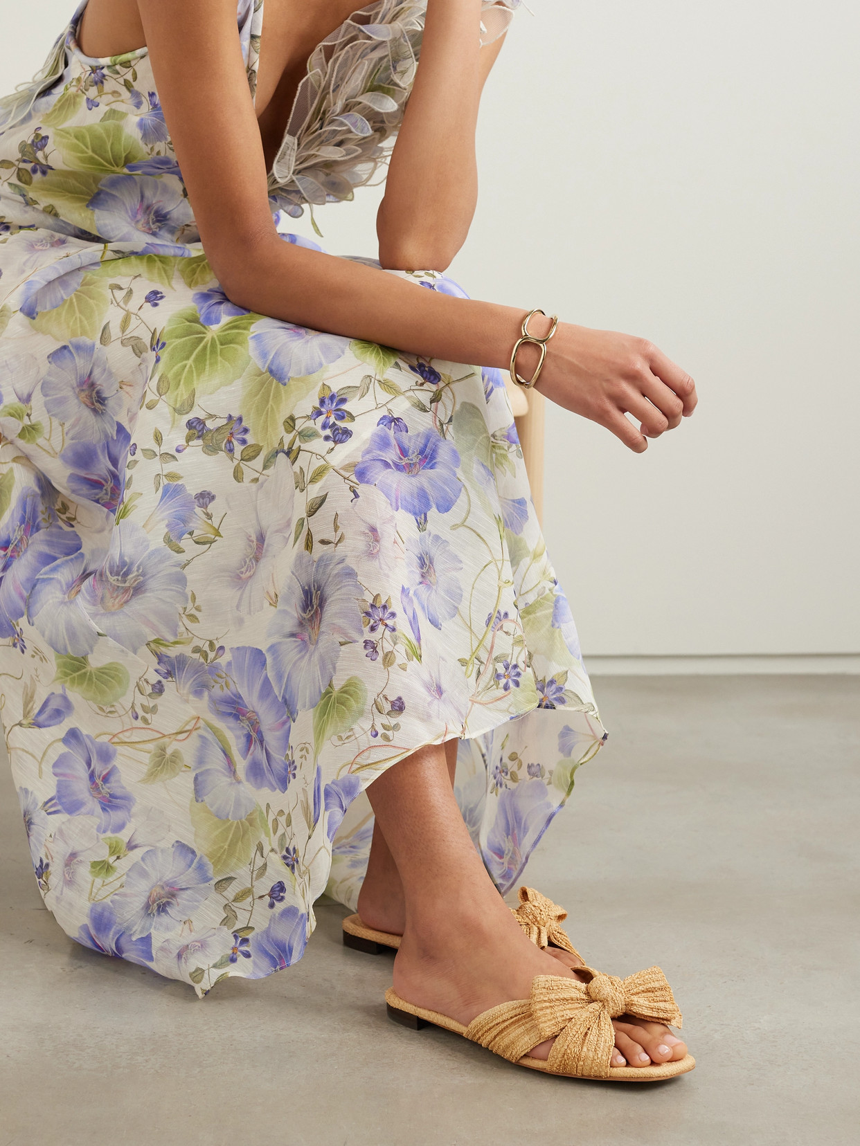 Daphne Bow-Embellished Pleated Raffia Slides