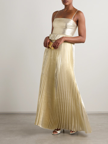 self-portrait Pintucked plissé-lamé gown