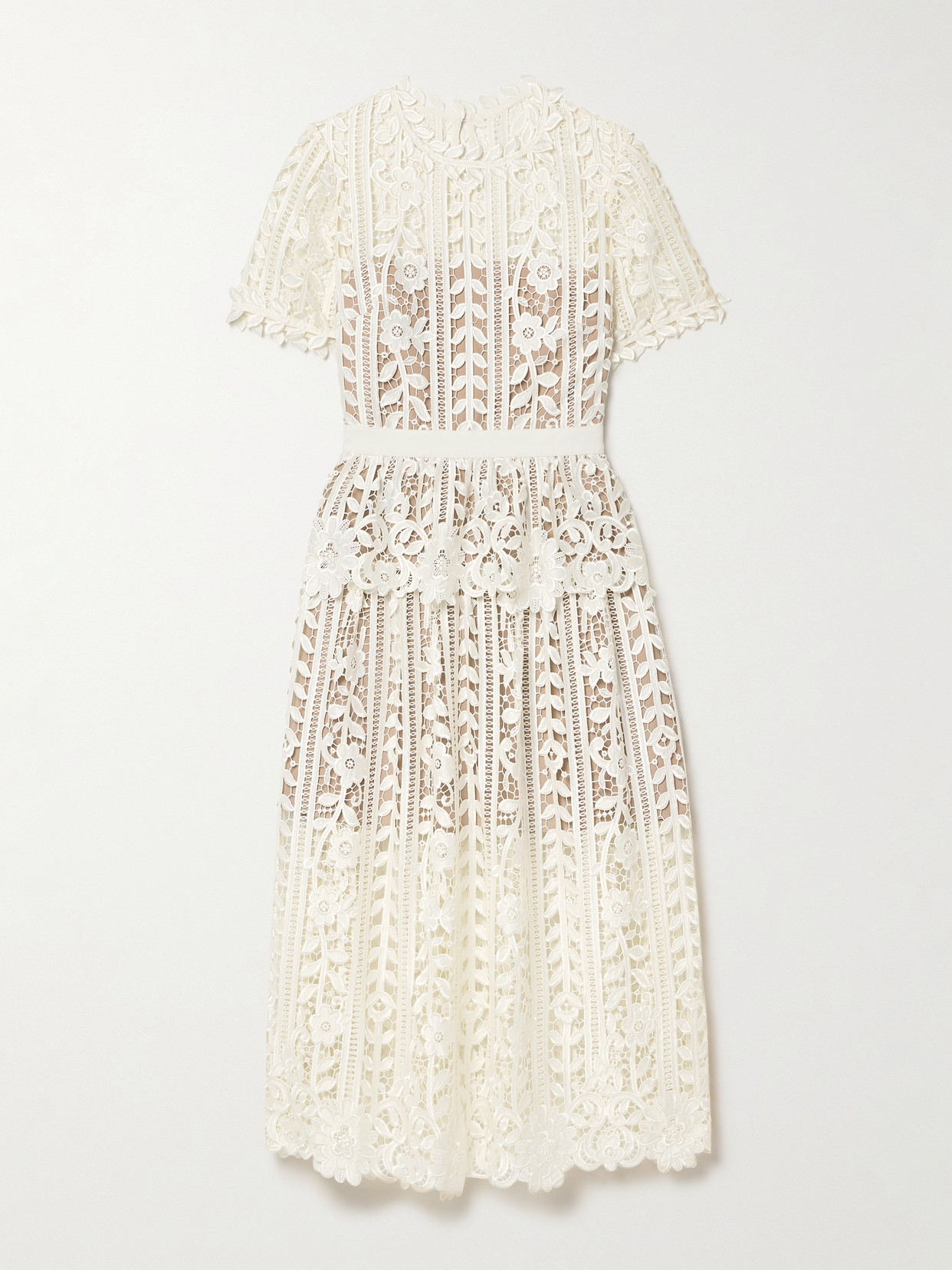 Self-portrait Grosgrain-trimmed Embroidered Guipure Lace Peplum Midi Dress In Cream