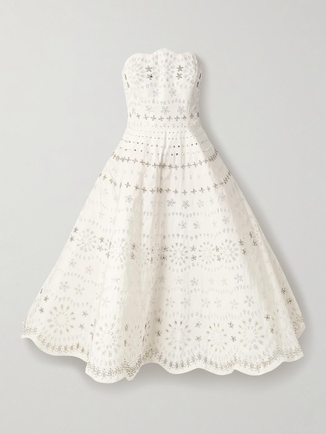 Oscar De La Renta Strapless Crystal-embellished Broderie Anglaise Faille Midi Dress In Ivory