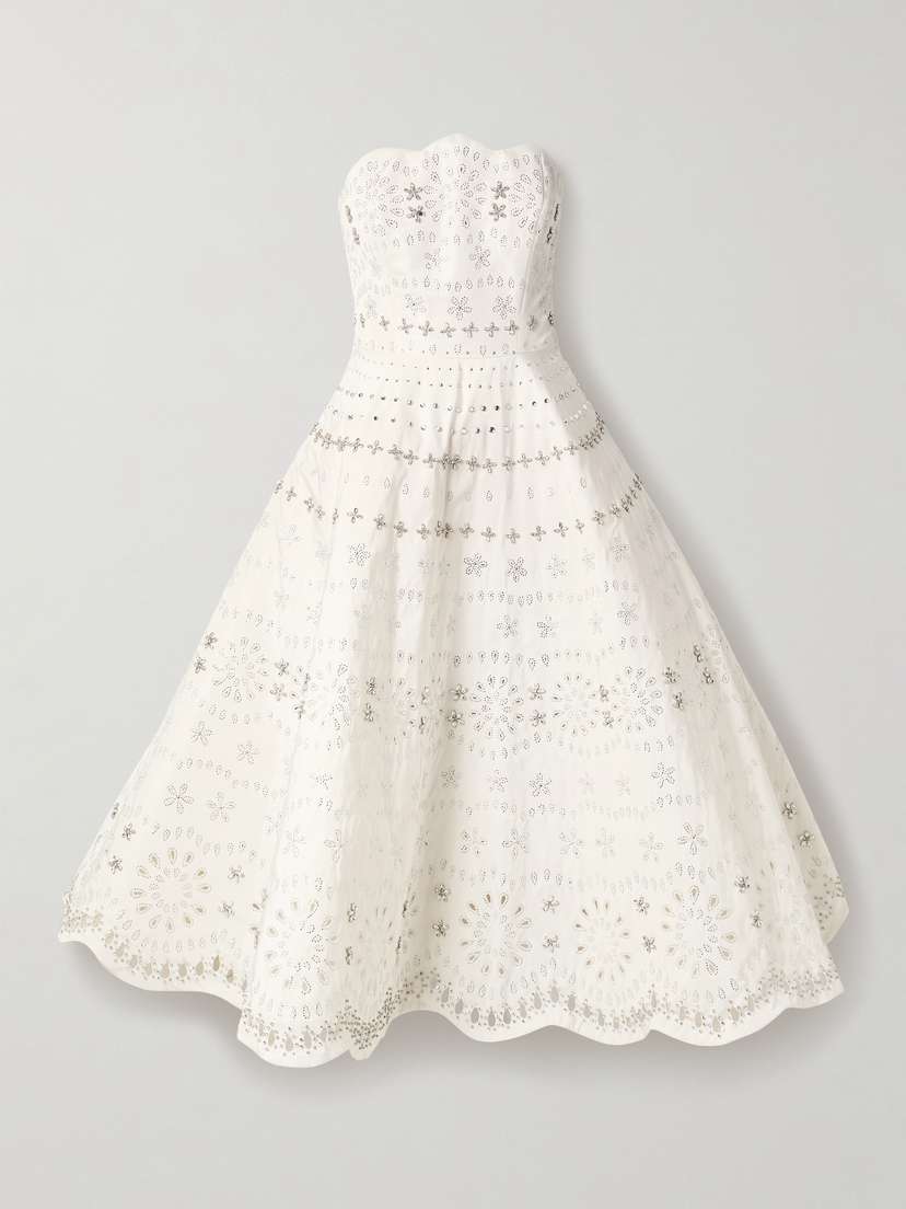 Oscar de la Renta Strapless Crystal-embellished Broderie Anglaise Faille Midi Dress