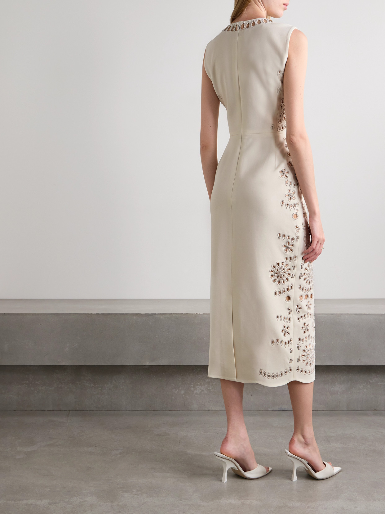 Shop Oscar De La Renta Crystal-embellished Broderie Anglaise Wool-blend Crepe Midi Dress In Ivory