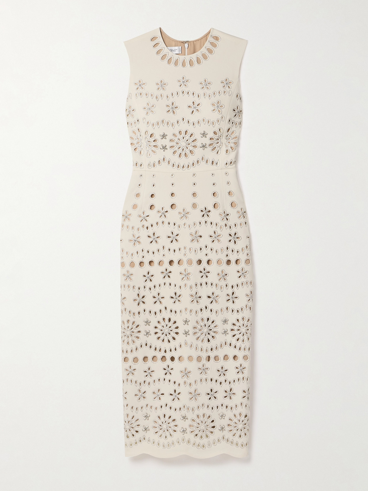 Oscar De La Renta Crystal-embellished Broderie Anglaise Wool-blend Crepe Midi Dress In Ivory