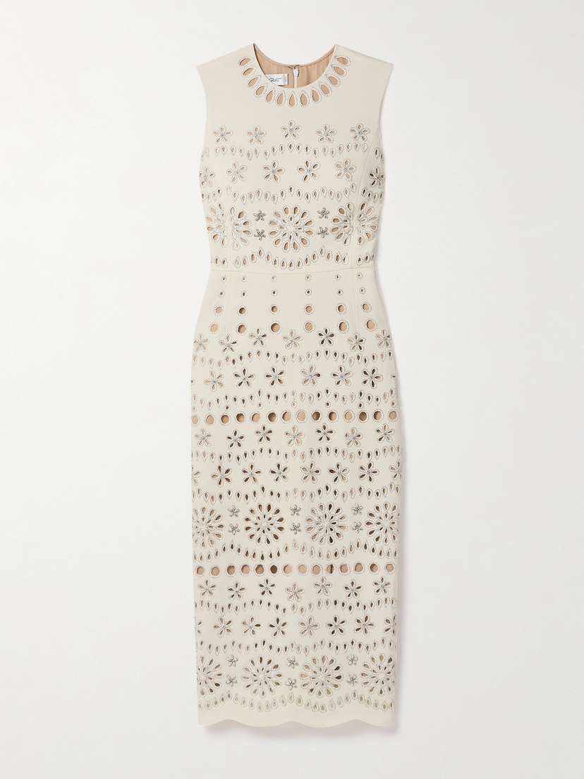 Oscar de la Renta Crystal-embellished Broderie Anglaise Wool-blend Crepe Midi Dress