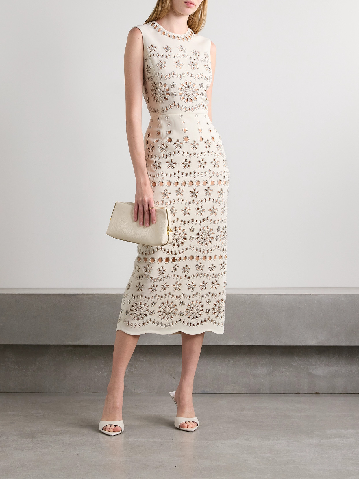 Shop Oscar De La Renta Crystal-embellished Broderie Anglaise Wool-blend Crepe Midi Dress In Ivory