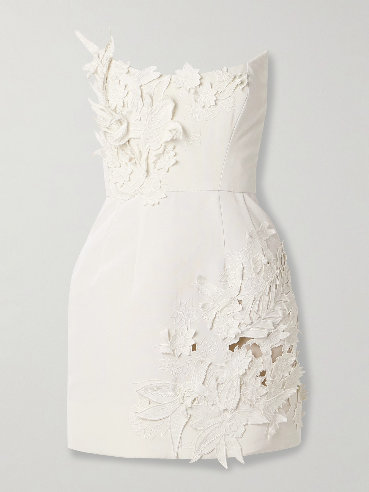 Oscar De La Renta Strapless Appliquéd Cotton-blend Faille Mini Dress In Ivory