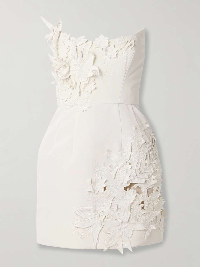 Oscar de la Renta Strapless Appliquéd Cotton-blend Faille Mini Dress