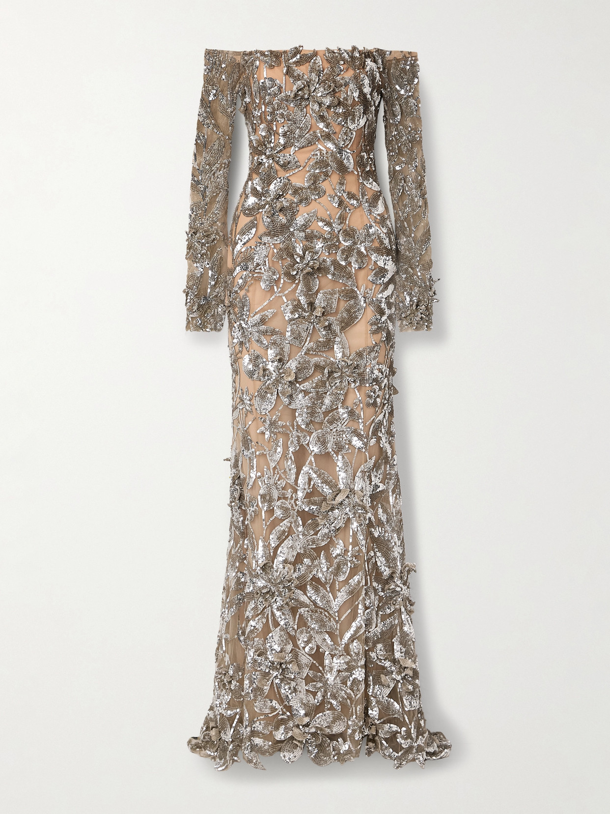 Oscar de la Renta - Off-the-shoulder Appliquéd Sequined Tulle Gown - Silver