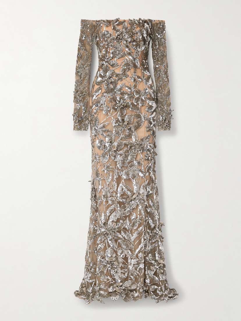 Oscar de la Renta Off-the-shoulder Appliquéd Sequined Tulle Gown