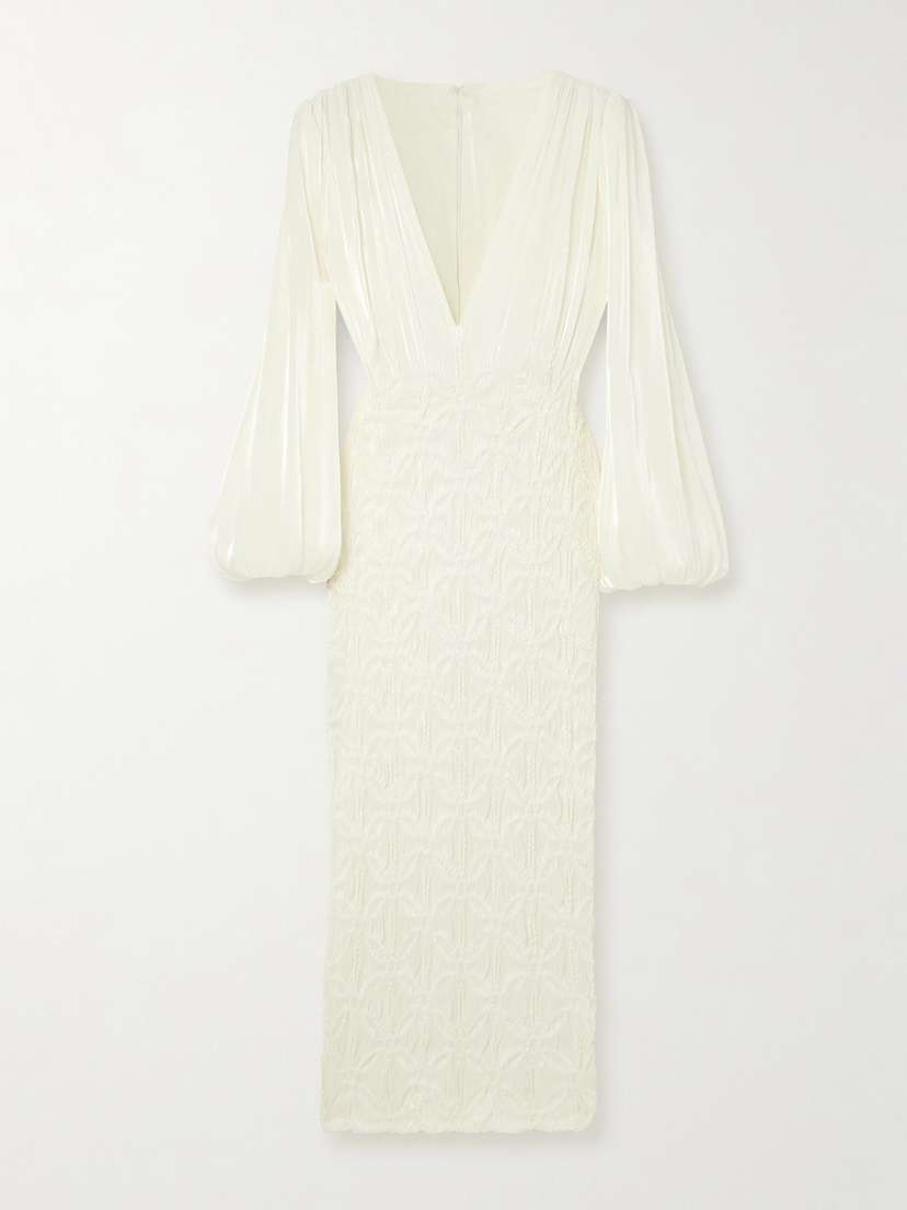 Costarellos Zosia Smocked Metallic Georgette Midi Dress