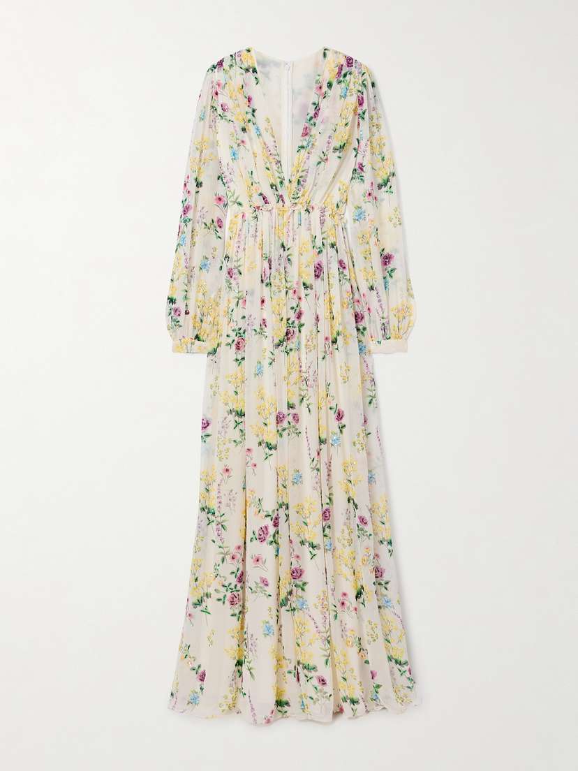 Costarellos Alya Embellished Gathered Floral-print Chiffon Gown