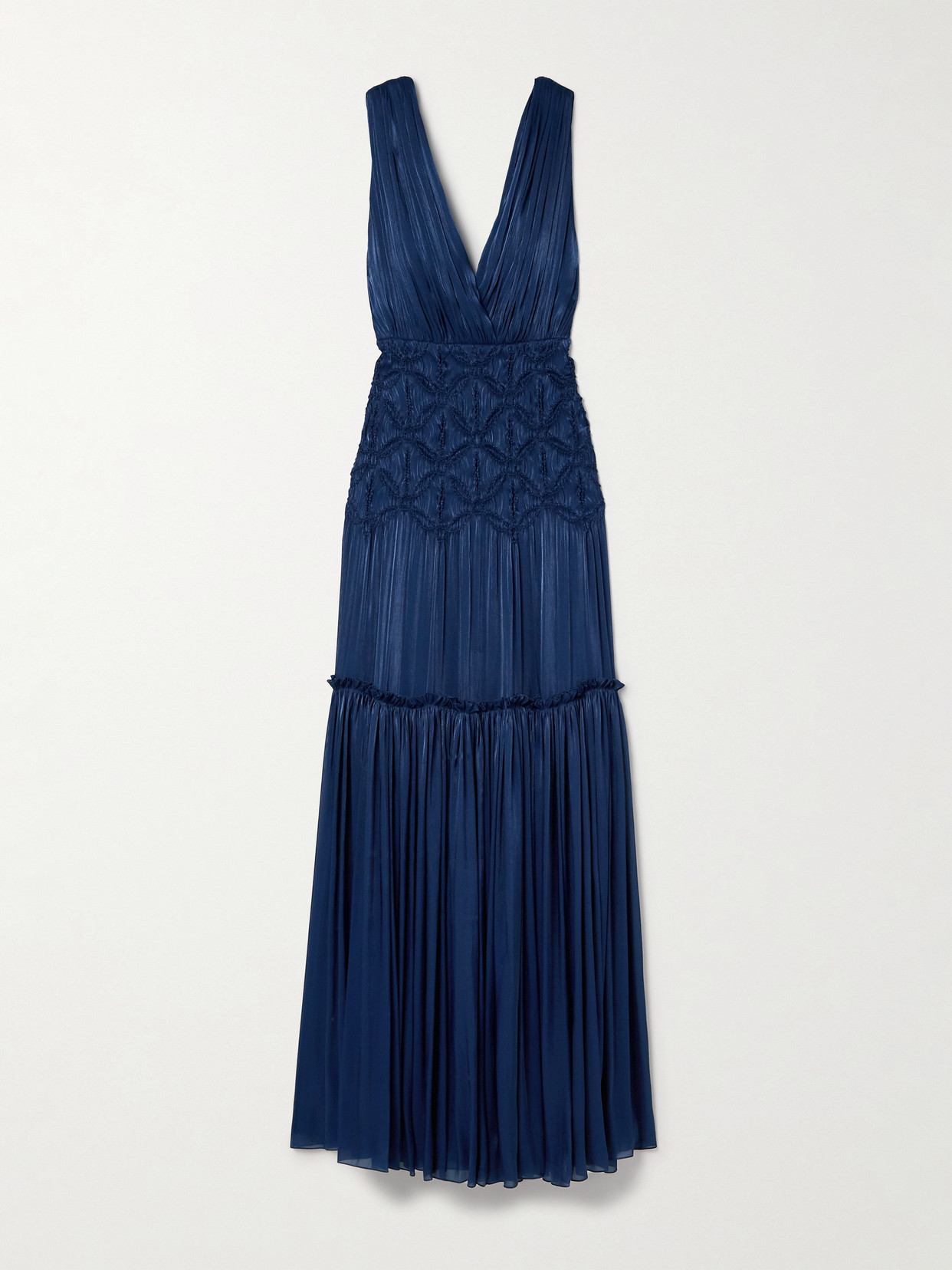 Costarellos Gathered Tiered Plissé-satin Gown In Blue