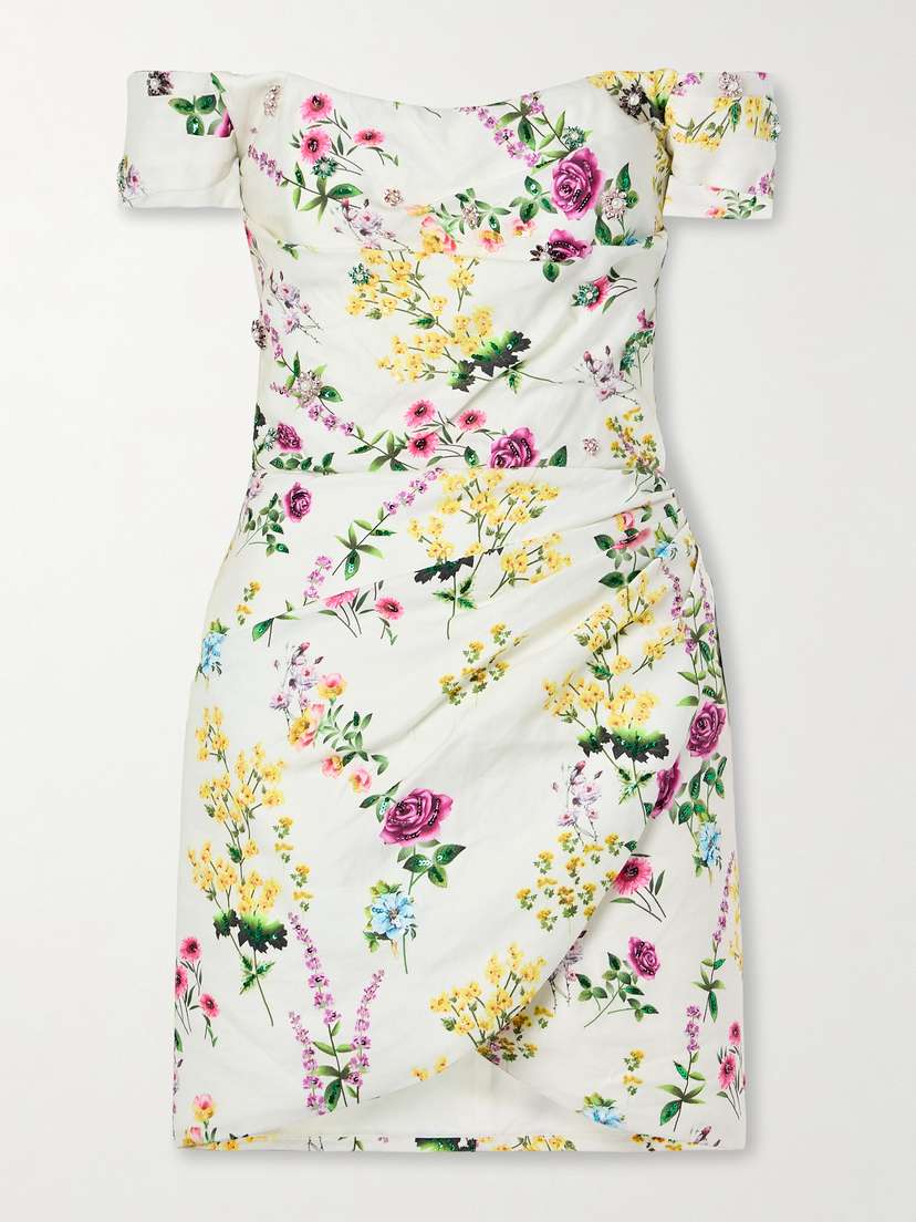 Costarellos Diletta Off-the-shoulder Embellished Ruched Cotton And Linen-blend Twill Mini Dress - FR 34