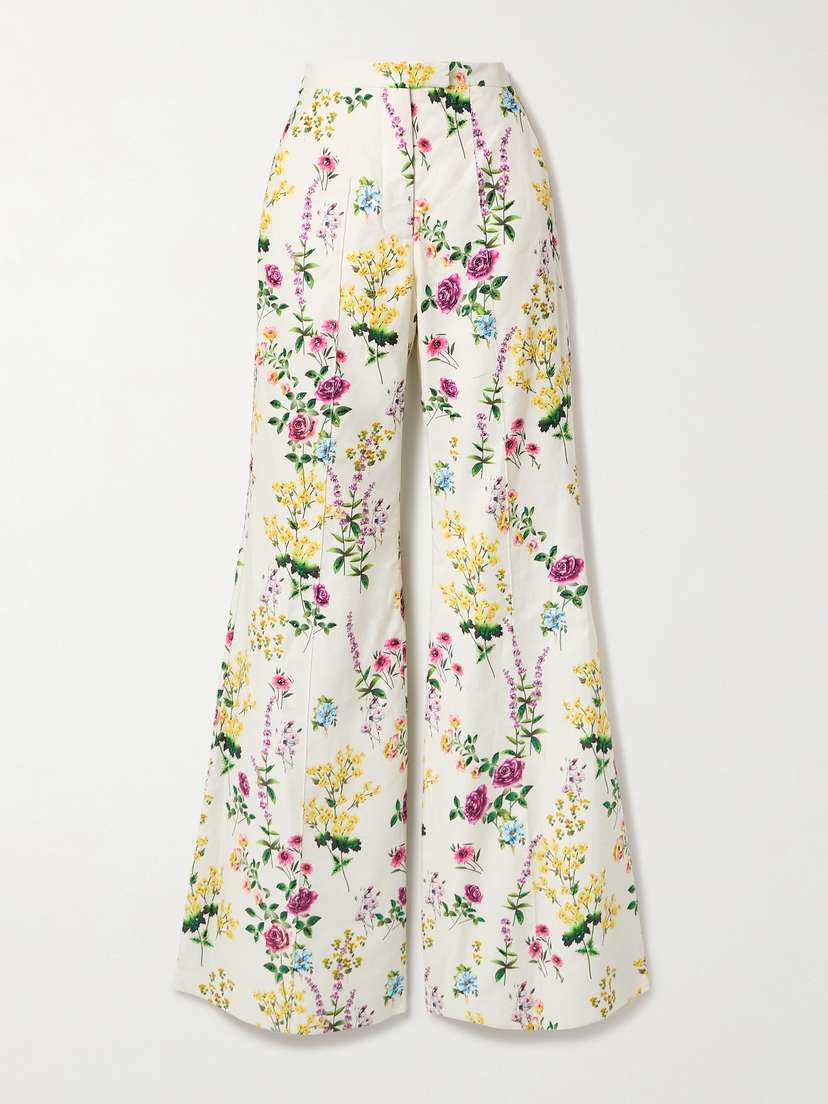 Costarellos Sequin-embellished Floral-print Cotton And Linen-blend Flared Pants