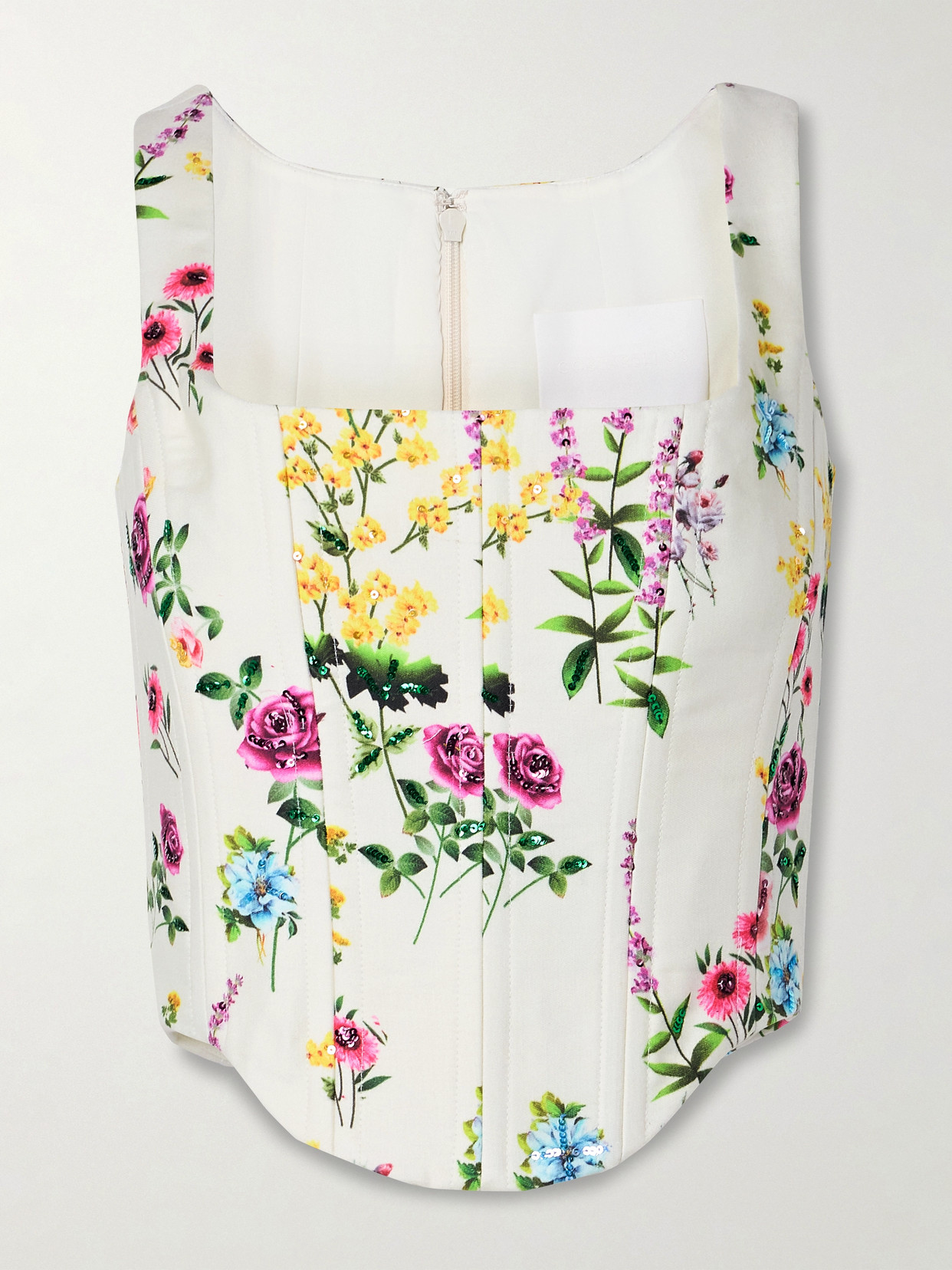 Costarellos Sequin-embellished Floral-print Cotton And Linen-blend Twill Bustier Top In Multi