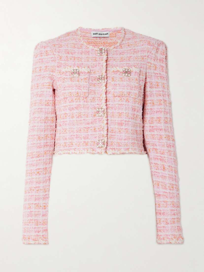 Self-Portrait Embellished Checked Bouclé-knit Cardigan